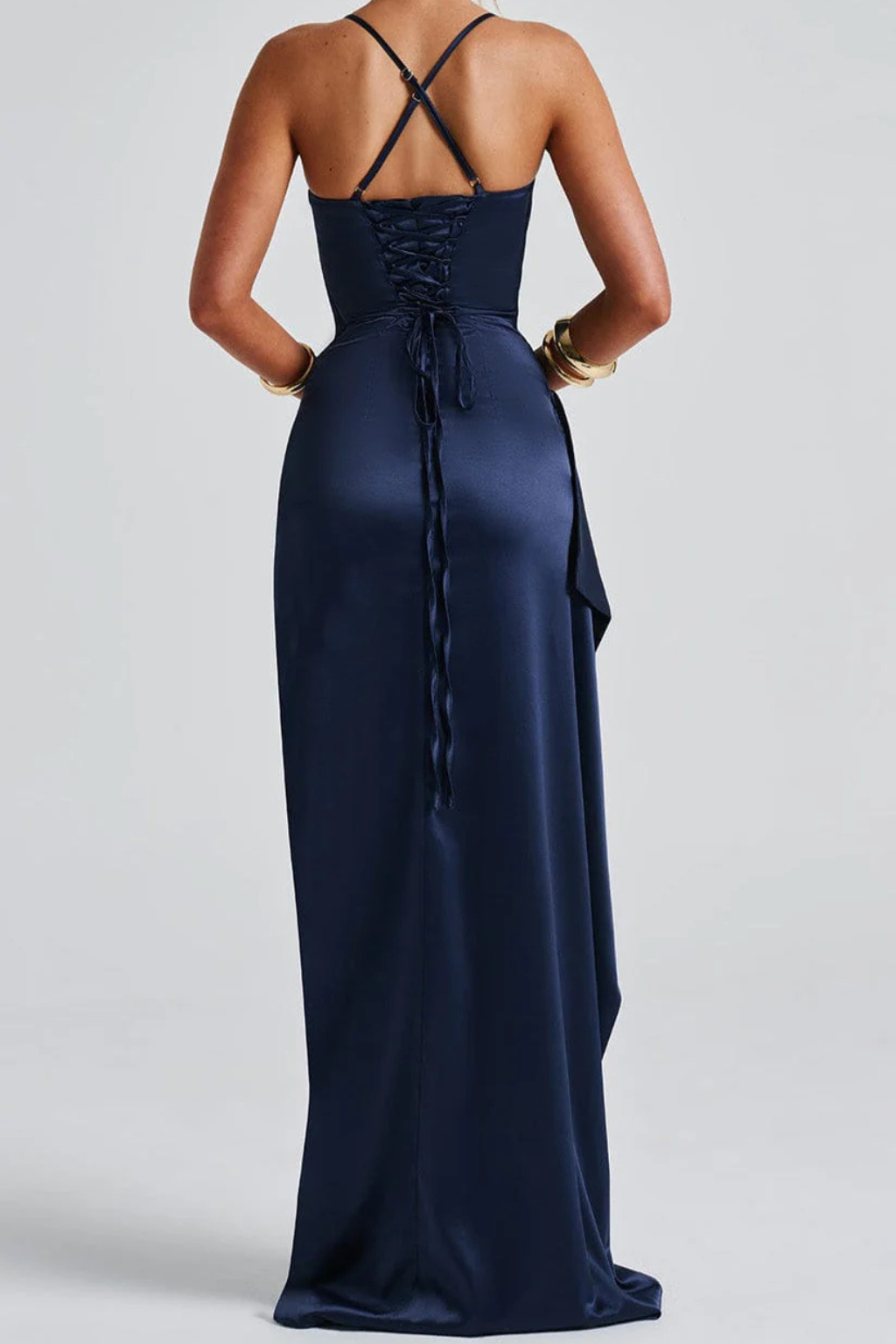 Claribel | Elegant Ruched Spaghetti Strap High Slit Formal Maxi Dress