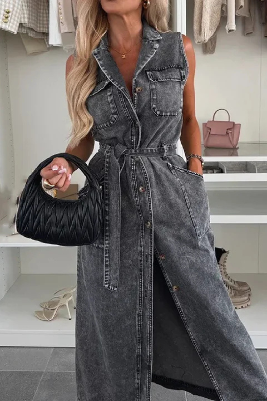 Adrienne | Effortless Belted Button Down Denim Maxi Dress