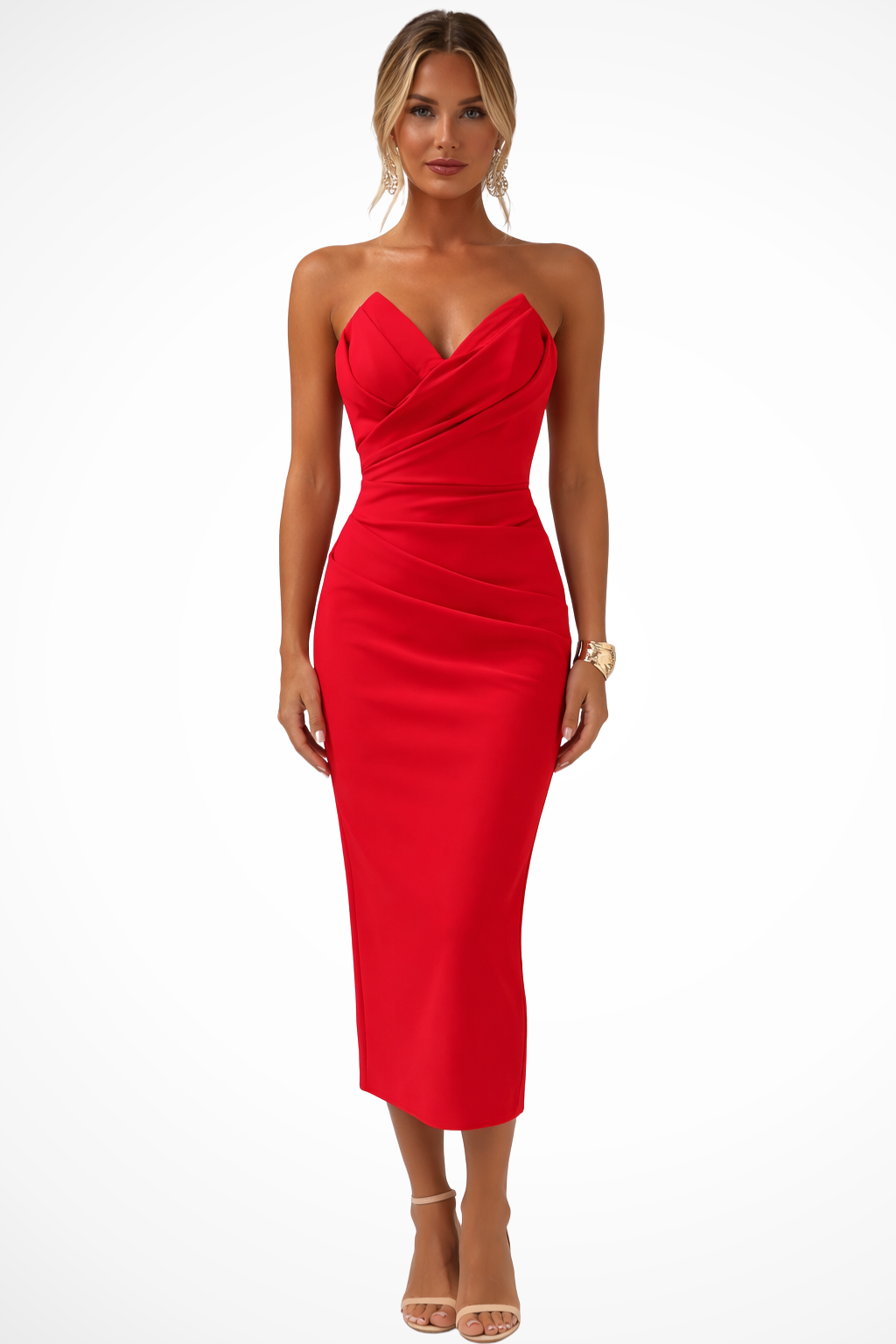 Seraphina | Elegant Strapless Sweetheart Ruched Midi Dress