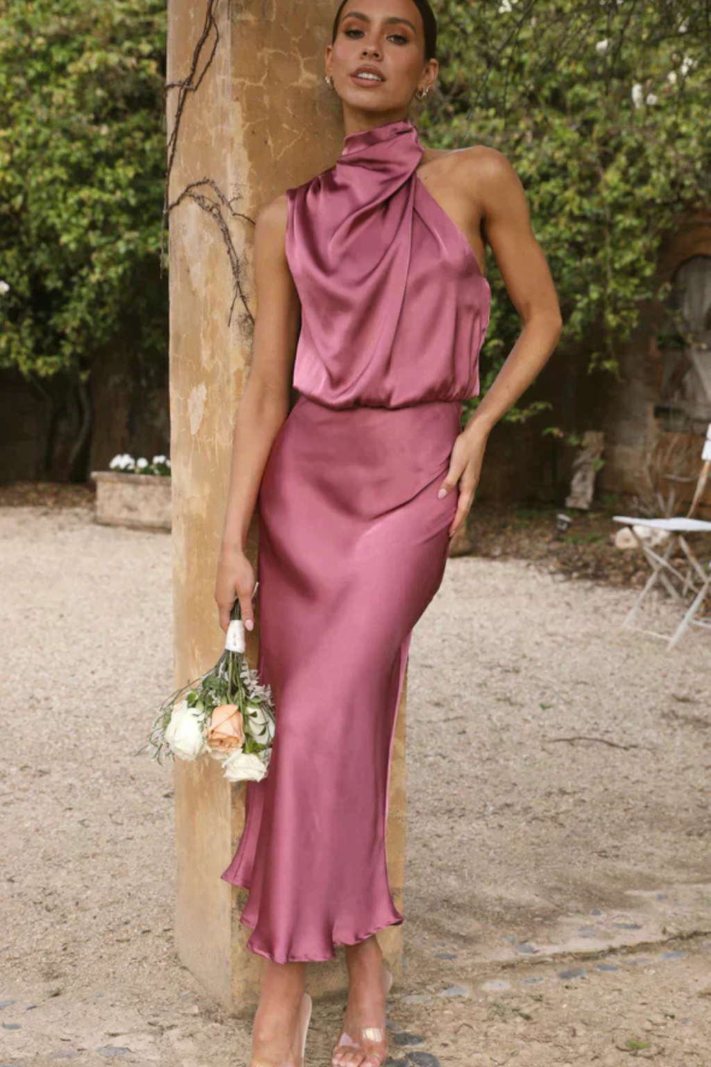 Adrielle | Elegant Halter Neck Satin Midi Dress