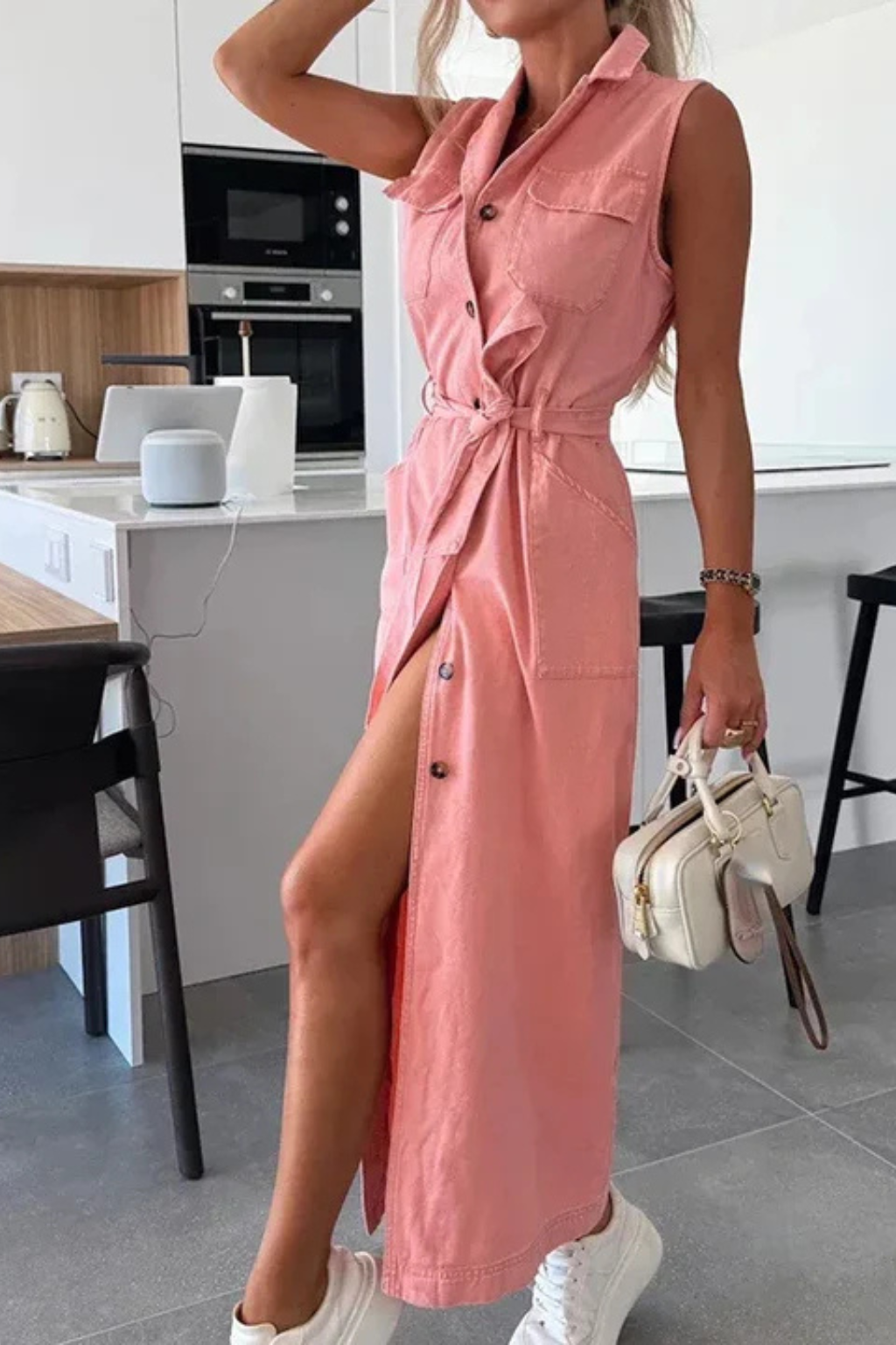 Adrienne | Effortless Belted Button Down Denim Maxi Dress