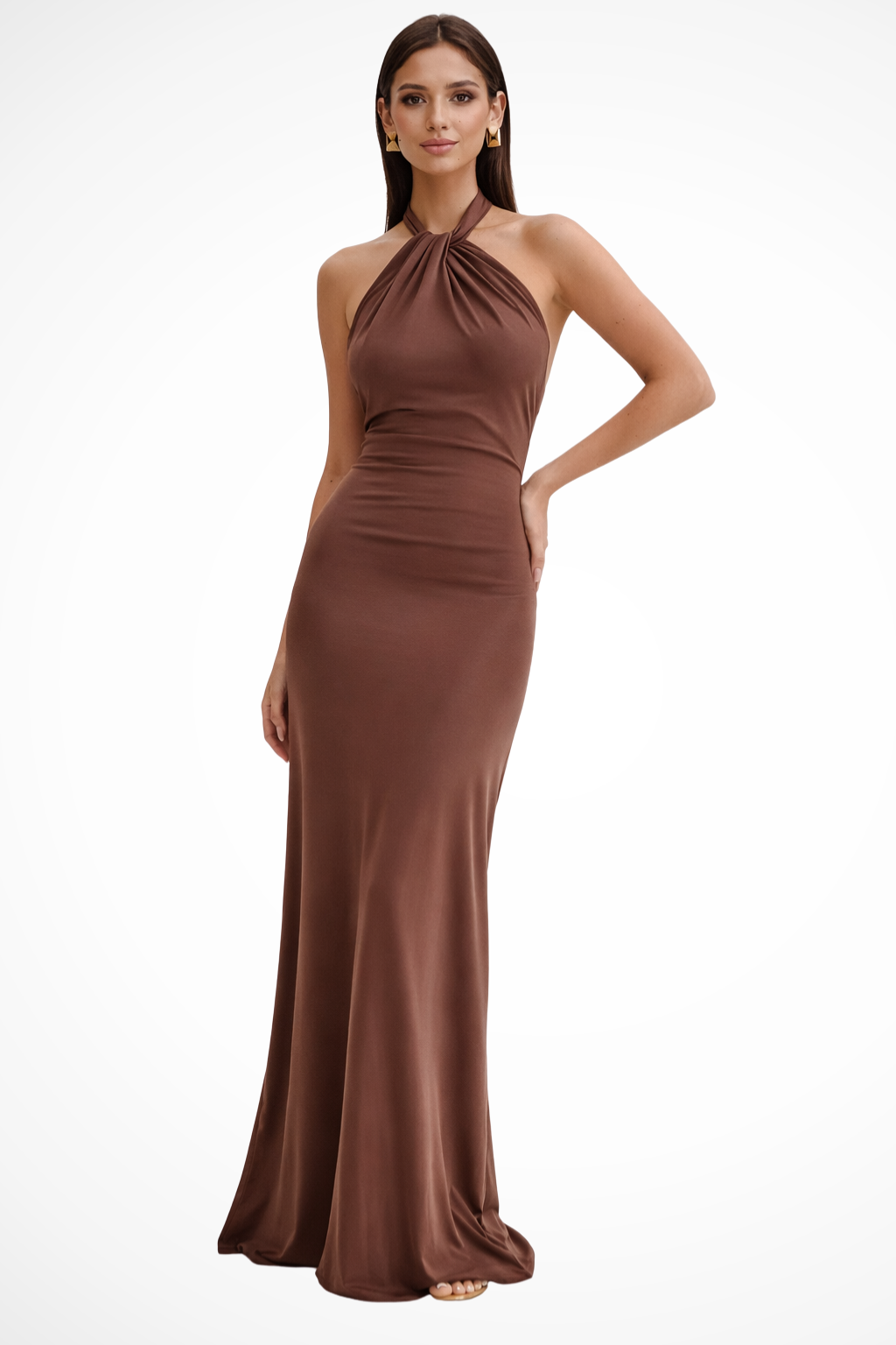 Evangeline | Elegant Halter Twist Knot Open Back Bodycon Maxi Dress