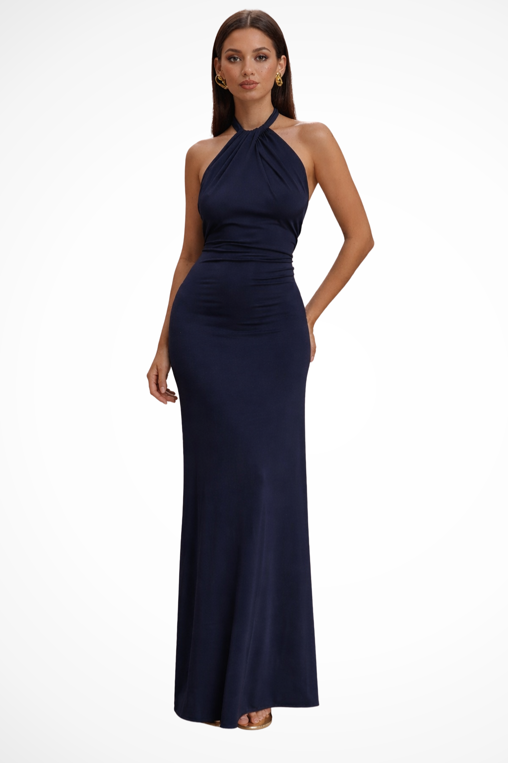 Evangeline | Elegant Halter Twist Knot Open Back Bodycon Maxi Dress