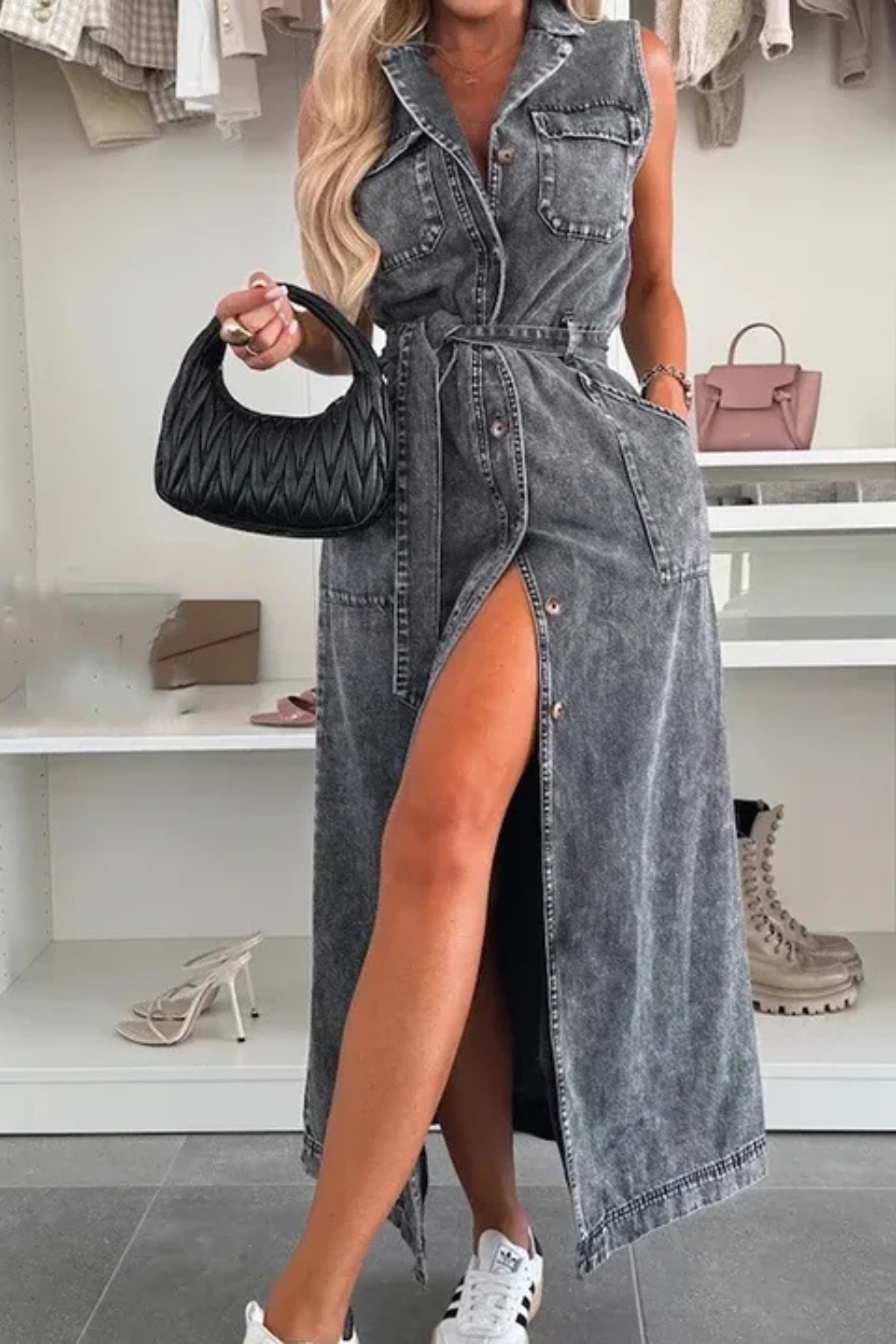 Adrienne | Effortless Belted Button Down Denim Maxi Dress