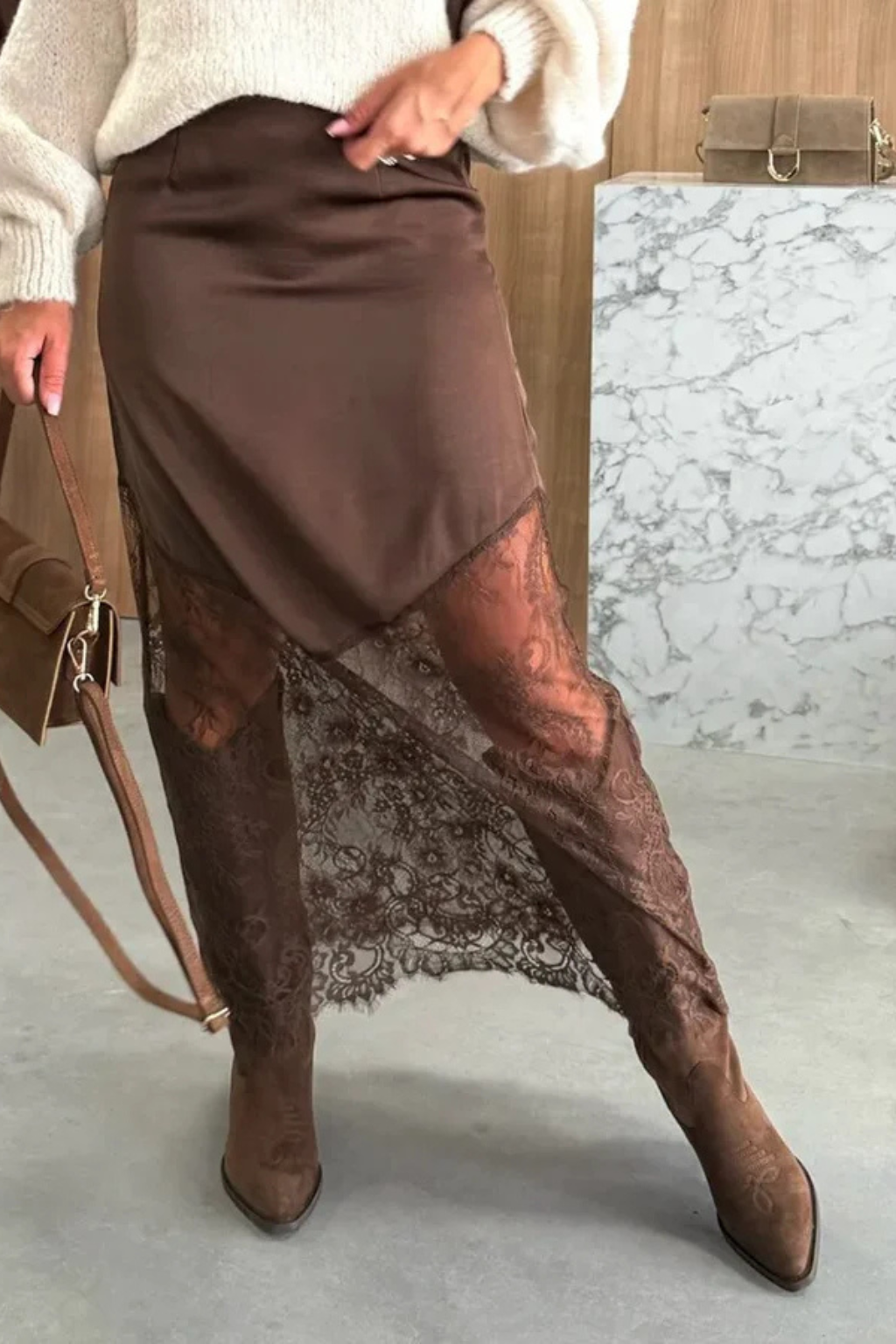 Seraphina | Elegant Asymmetric Lace Hem Satin Maxi Skirt