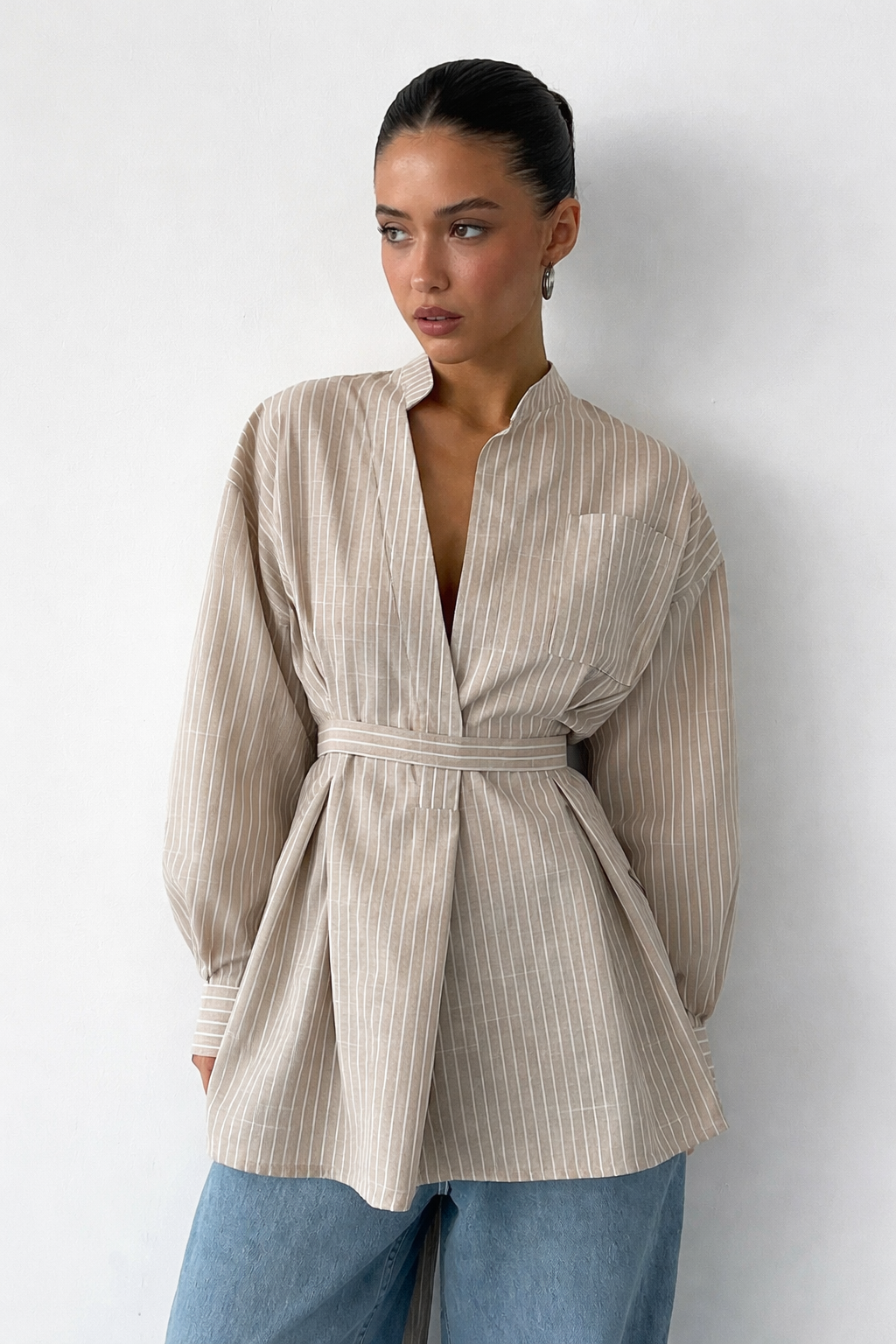 Cordelia | Elegant Striped Stand Collar Belted Shirt