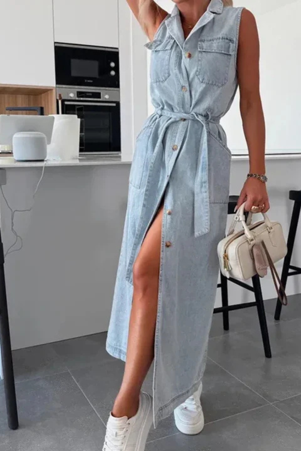 Adrienne | Effortless Belted Button Down Denim Maxi Dress
