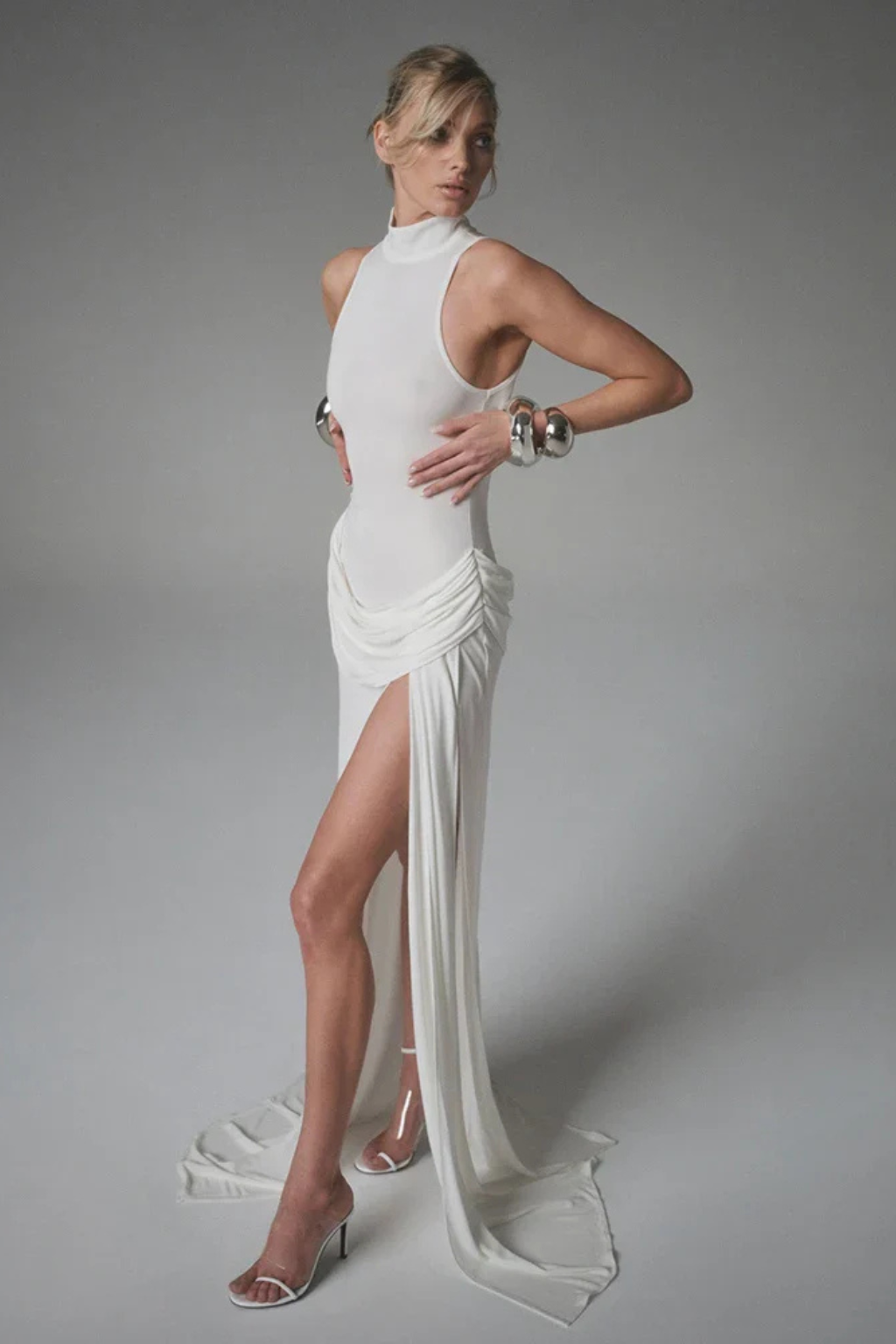 Adrielle | Elegant High Neck Draped Waist Maxi Dress