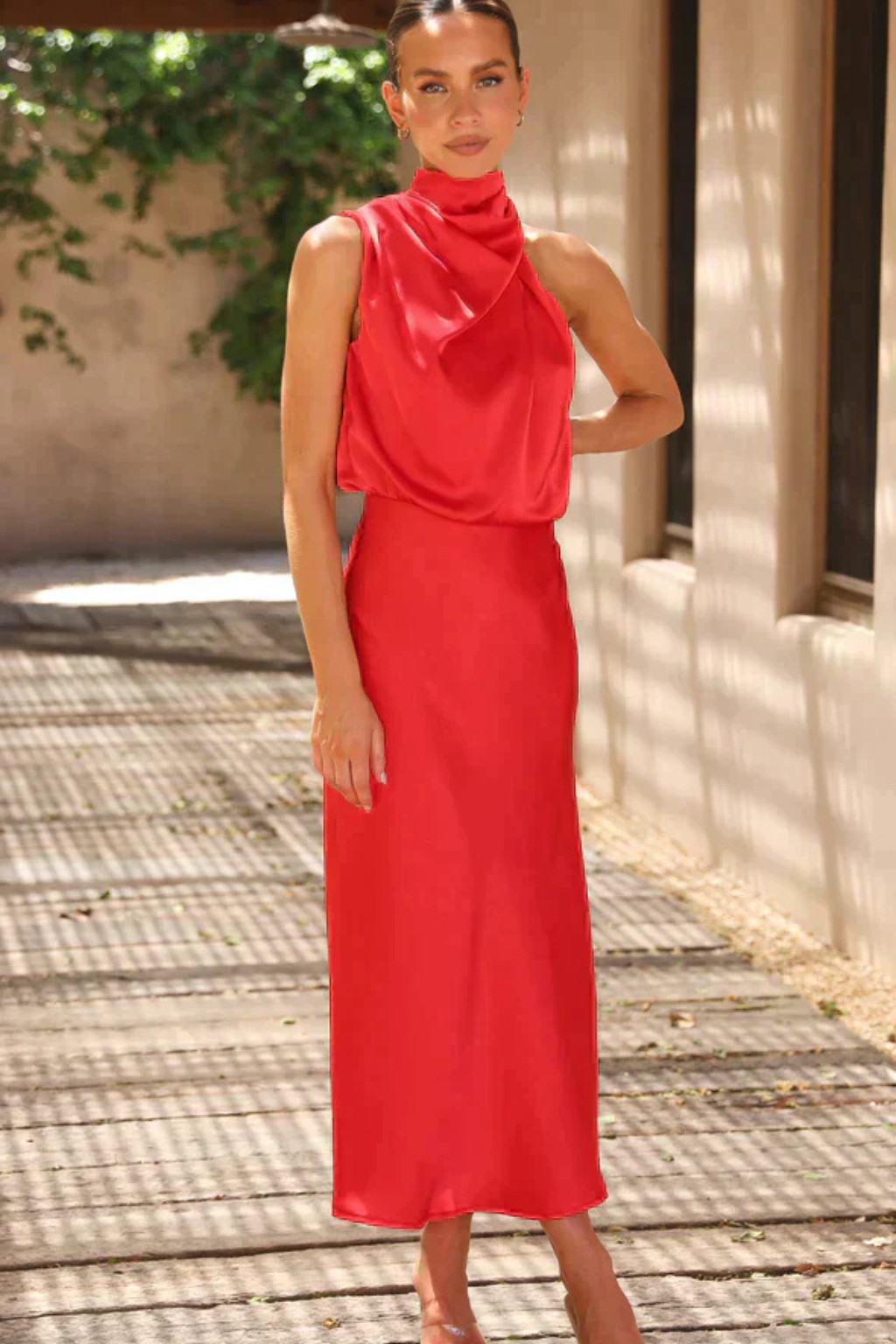 Adrielle | Elegant Halter Neck Satin Midi Dress