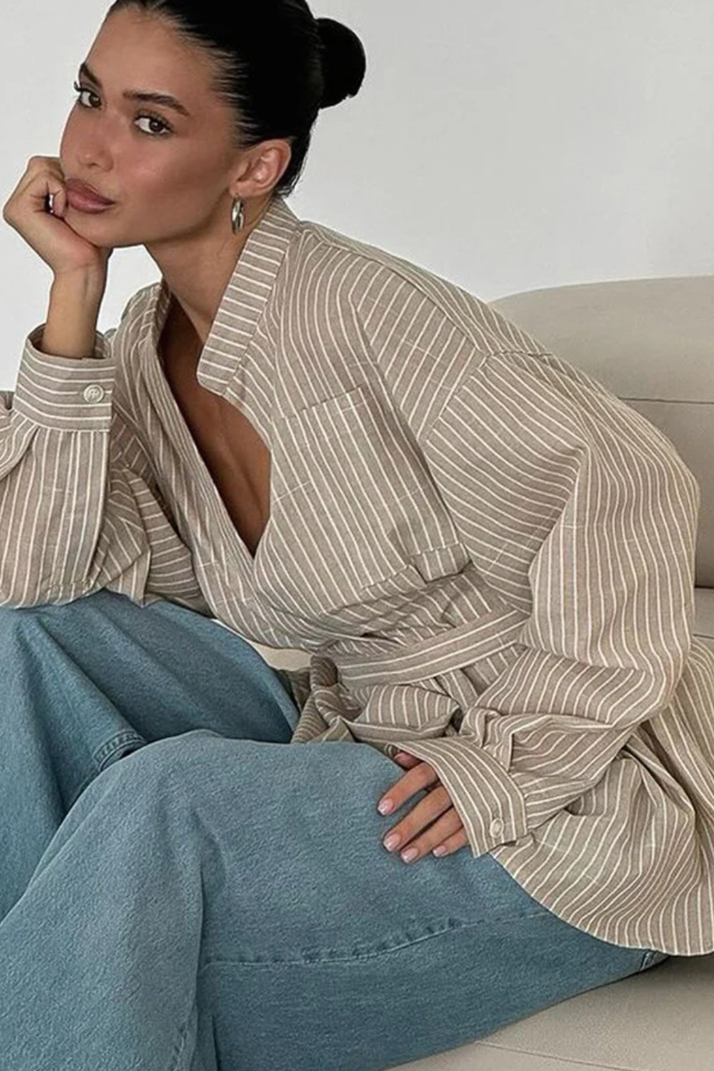 Cordelia | Elegant Striped Stand Collar Belted Shirt
