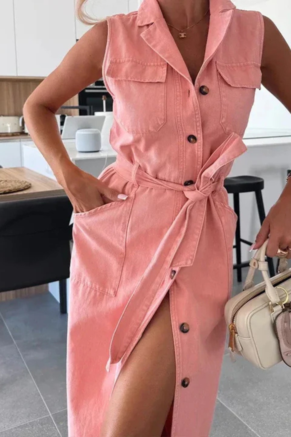 Adrienne | Effortless Belted Button Down Denim Maxi Dress