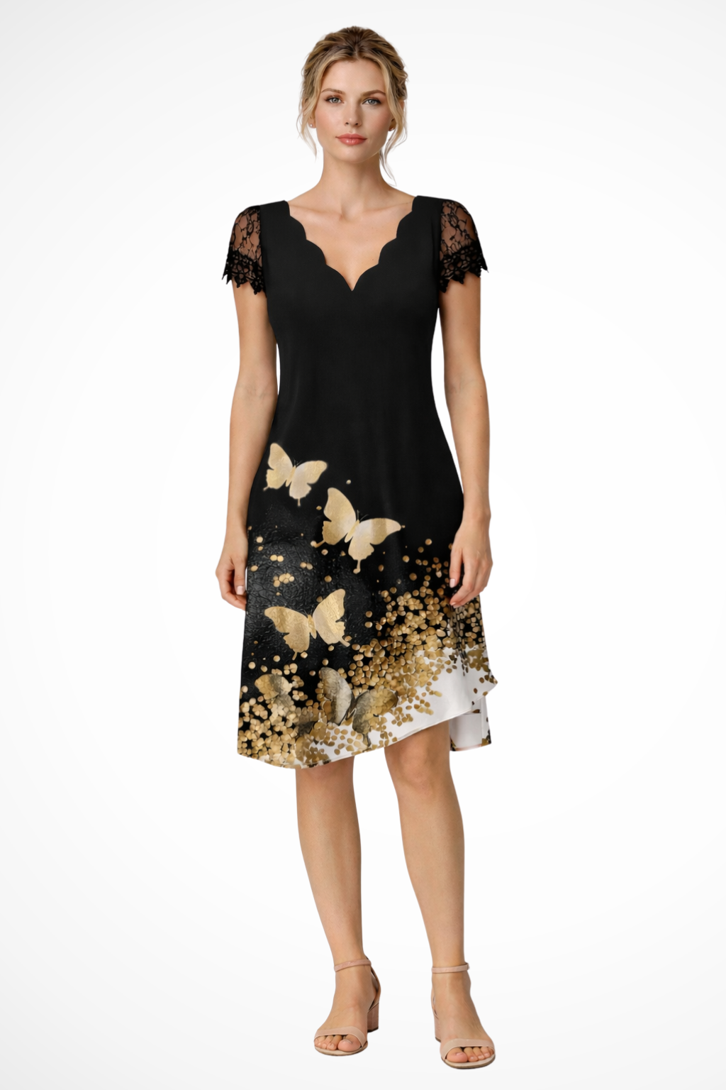 Luneth | Elegant Lace Sleeve V-Neck Floral Print Knee Length Wedding Guest Dress