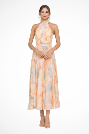 Valentina | Romantic Abstract Print Halter Maxi Dress