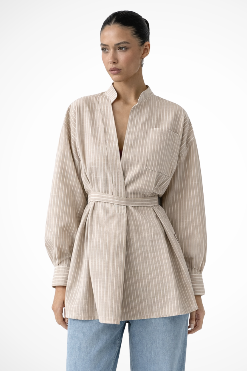 Cordelia | Elegant Striped Stand Collar Belted Shirt