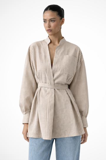 Cordelia | Elegant Striped Stand Collar Belted Shirt