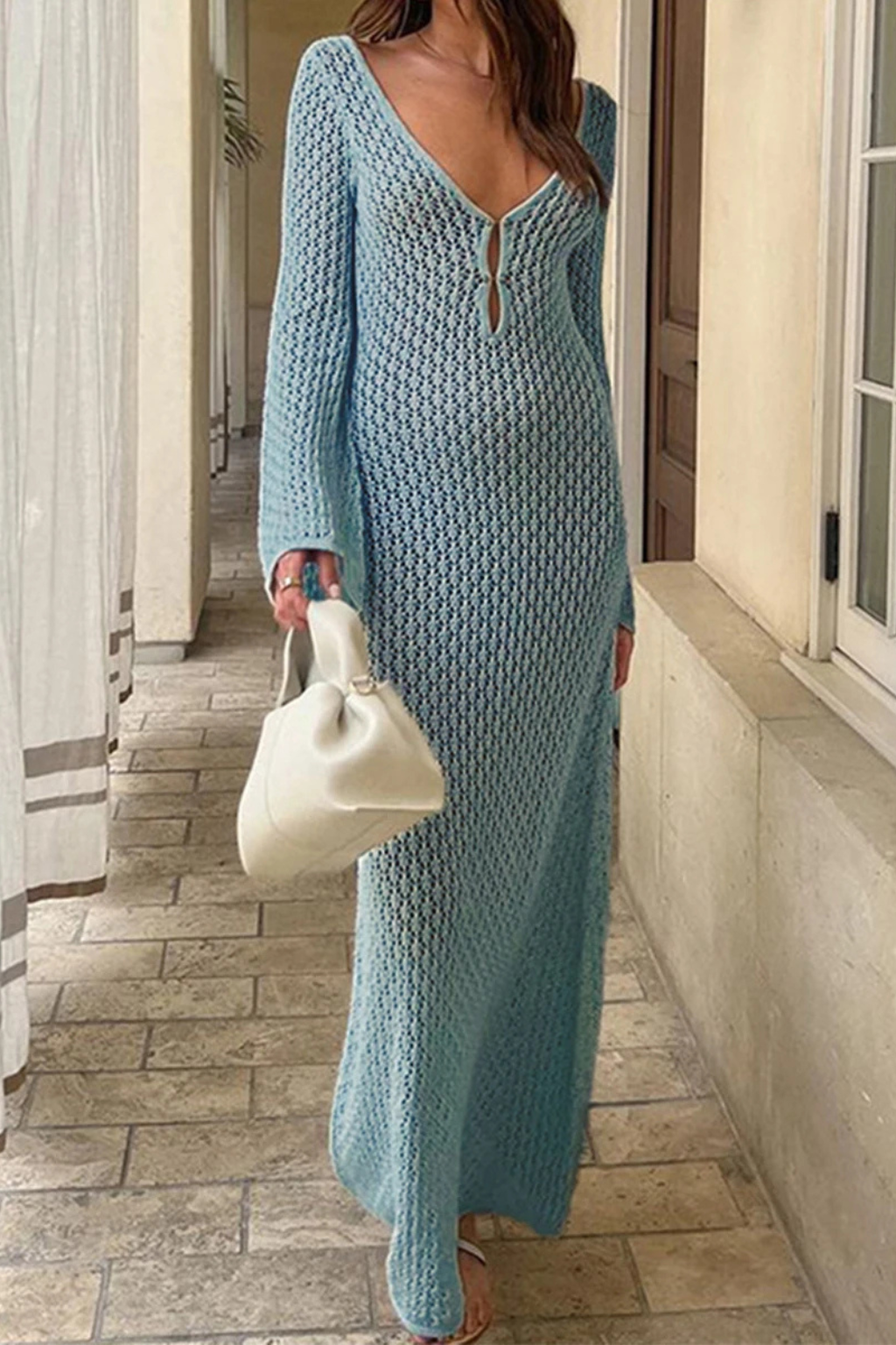 Seraphina | Elegant Crochet Deep V Keyhole Maxi Dress