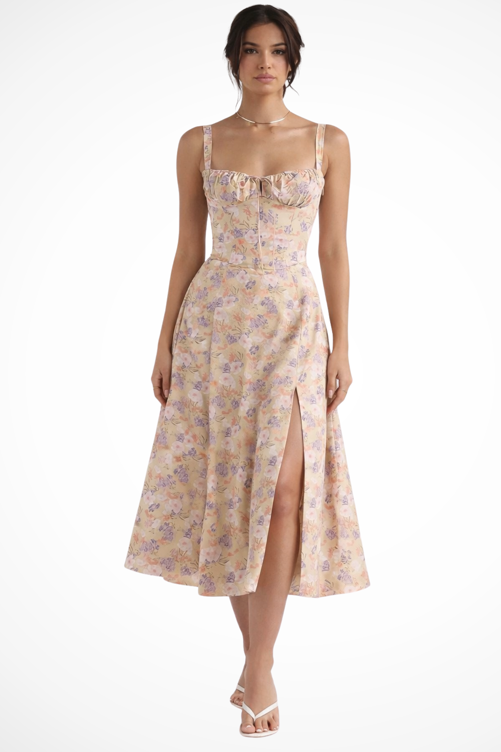 Aurelia | Floral Square Neck Corset Bow Detail Midi Dress