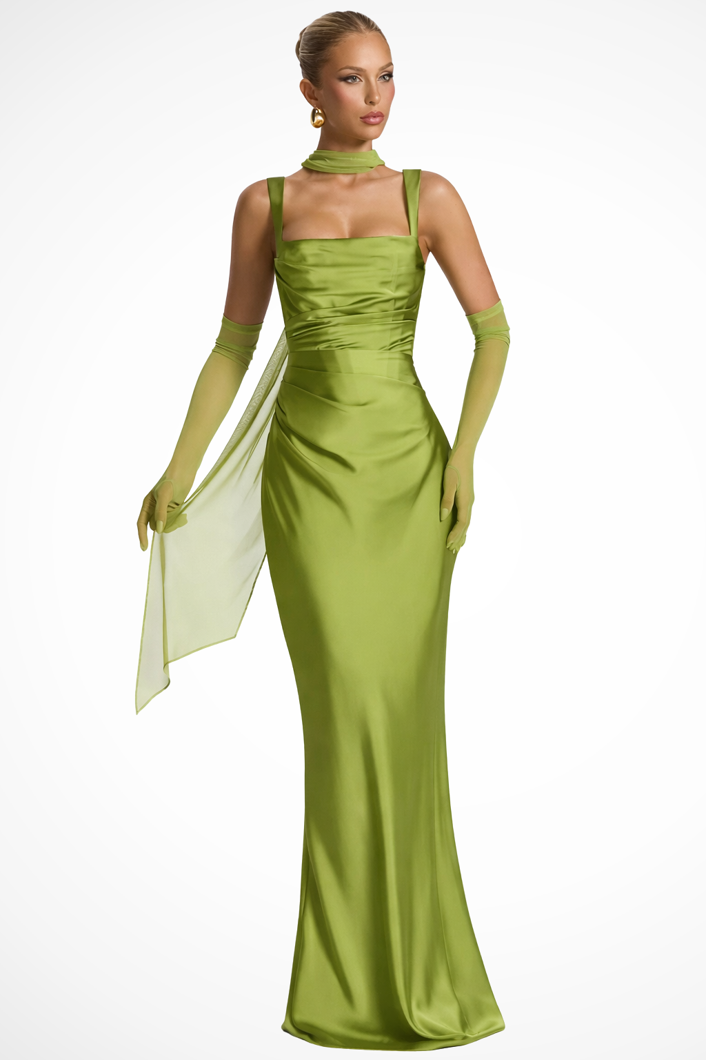 Ophelia | Elegant Square Neck Ruched Satin Maxi Dress
