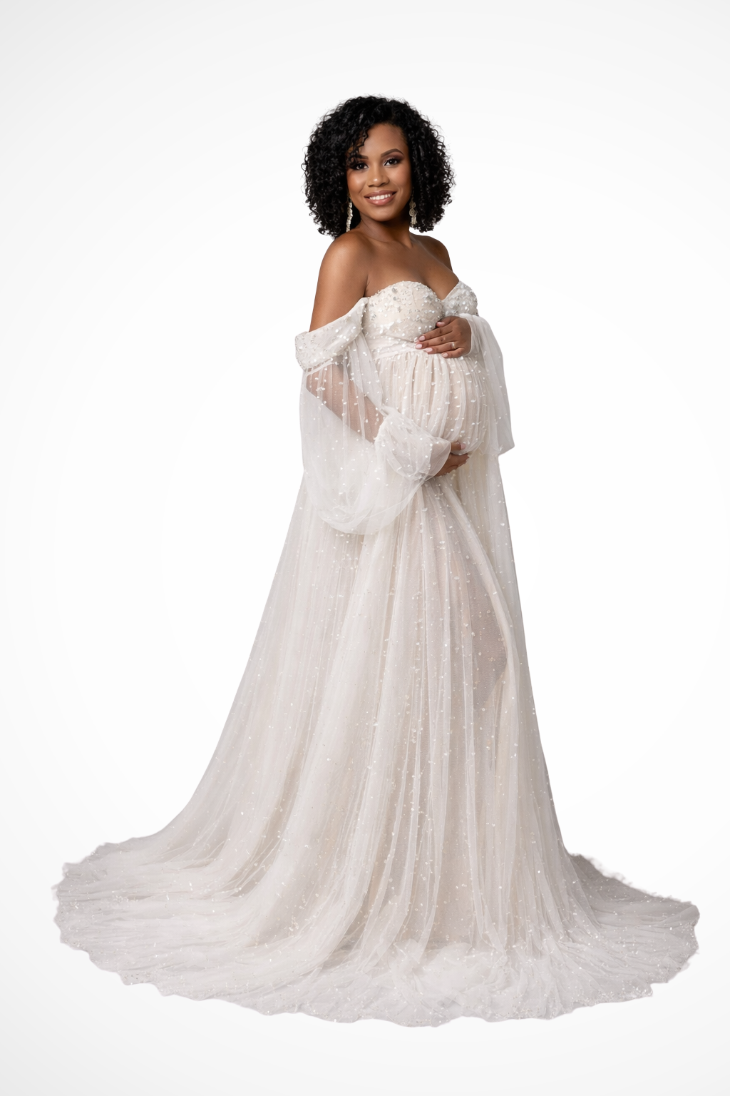 Evangeline | Elegant Off Shoulder Pearl Tulle Maxi Dress