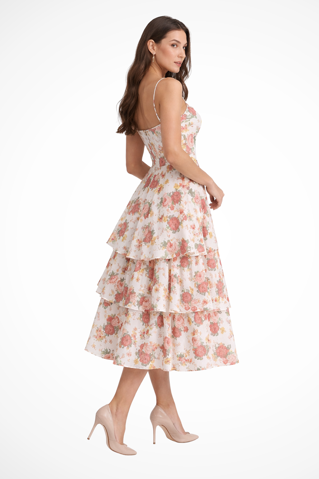 Evangeline | Romantic Floral Corset Tiered Midi Dress