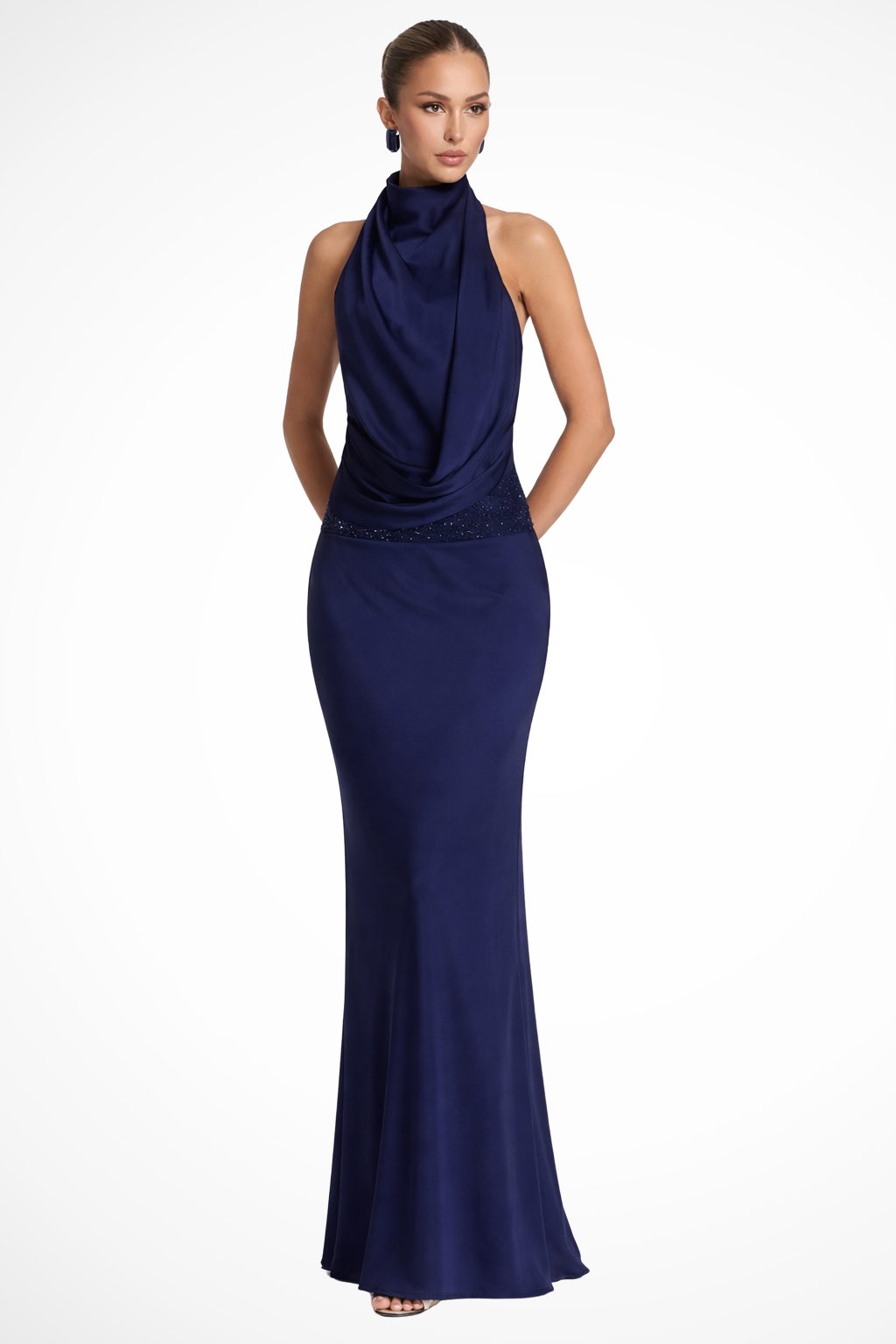 Adrielle | Elegant Draped Halter Satin Maxi Dress