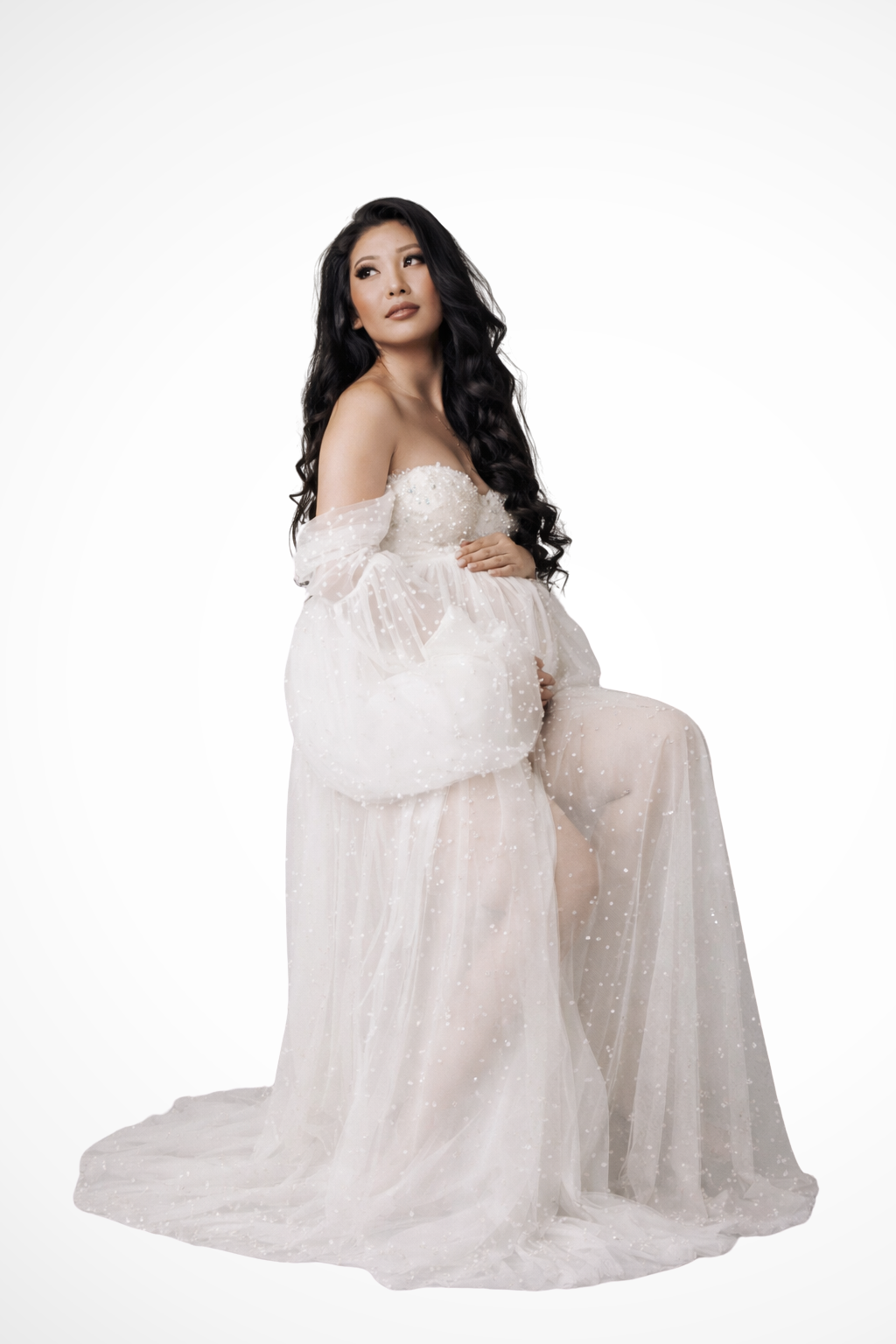 Evangeline | Elegant Off Shoulder Pearl Tulle Maxi Dress
