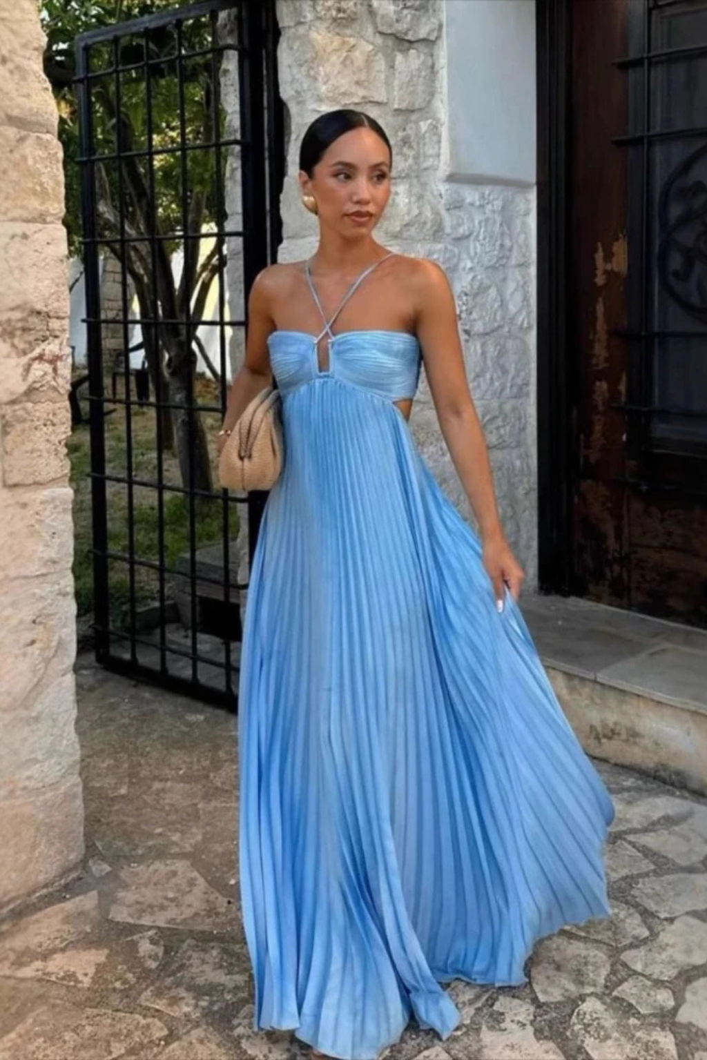 Rowella | Elegant Pleated Halter Backless Maxi Dress