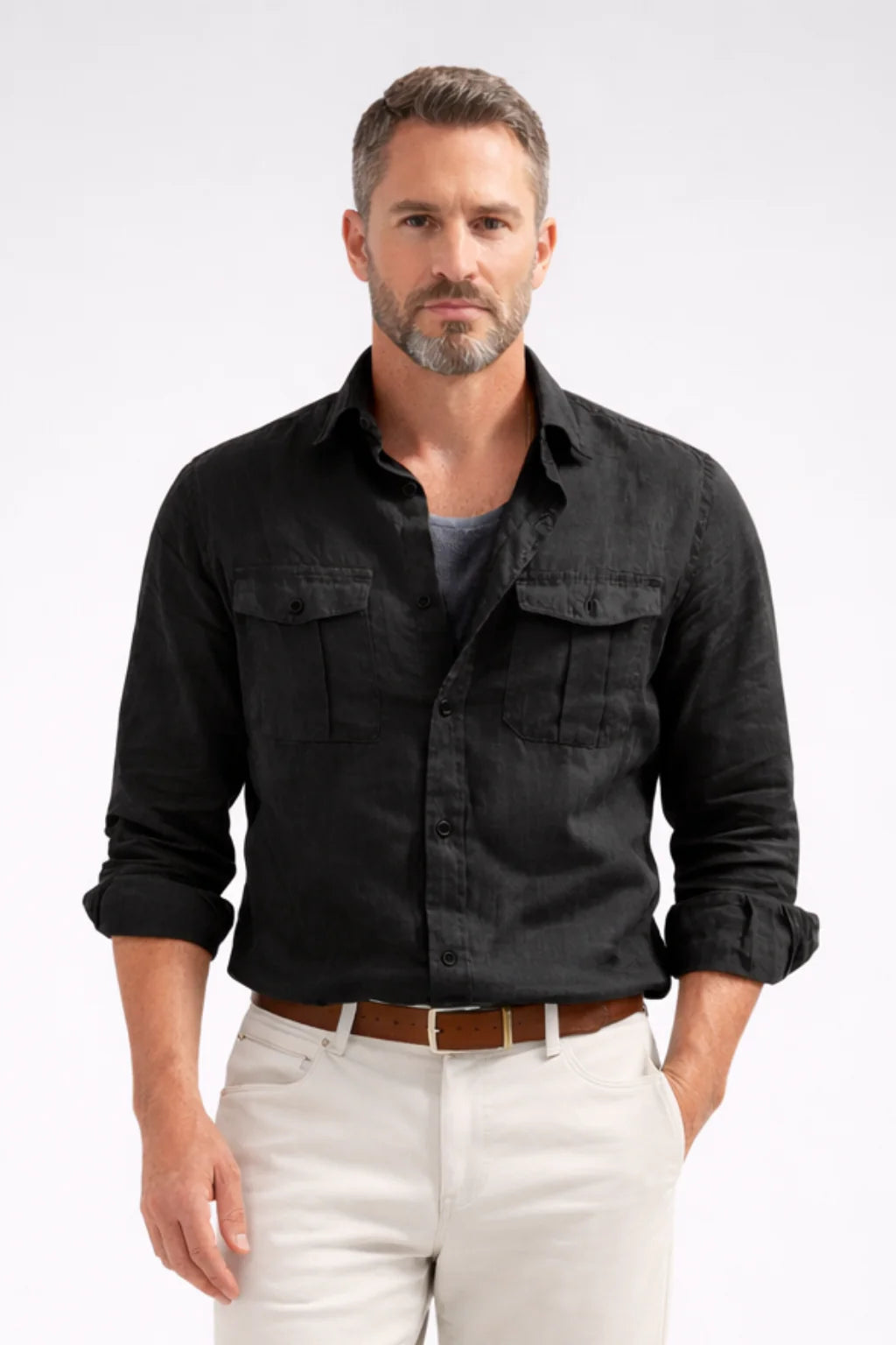 Marcus | Men's Classic Double Chest Pocket Cotton Linen Shirt