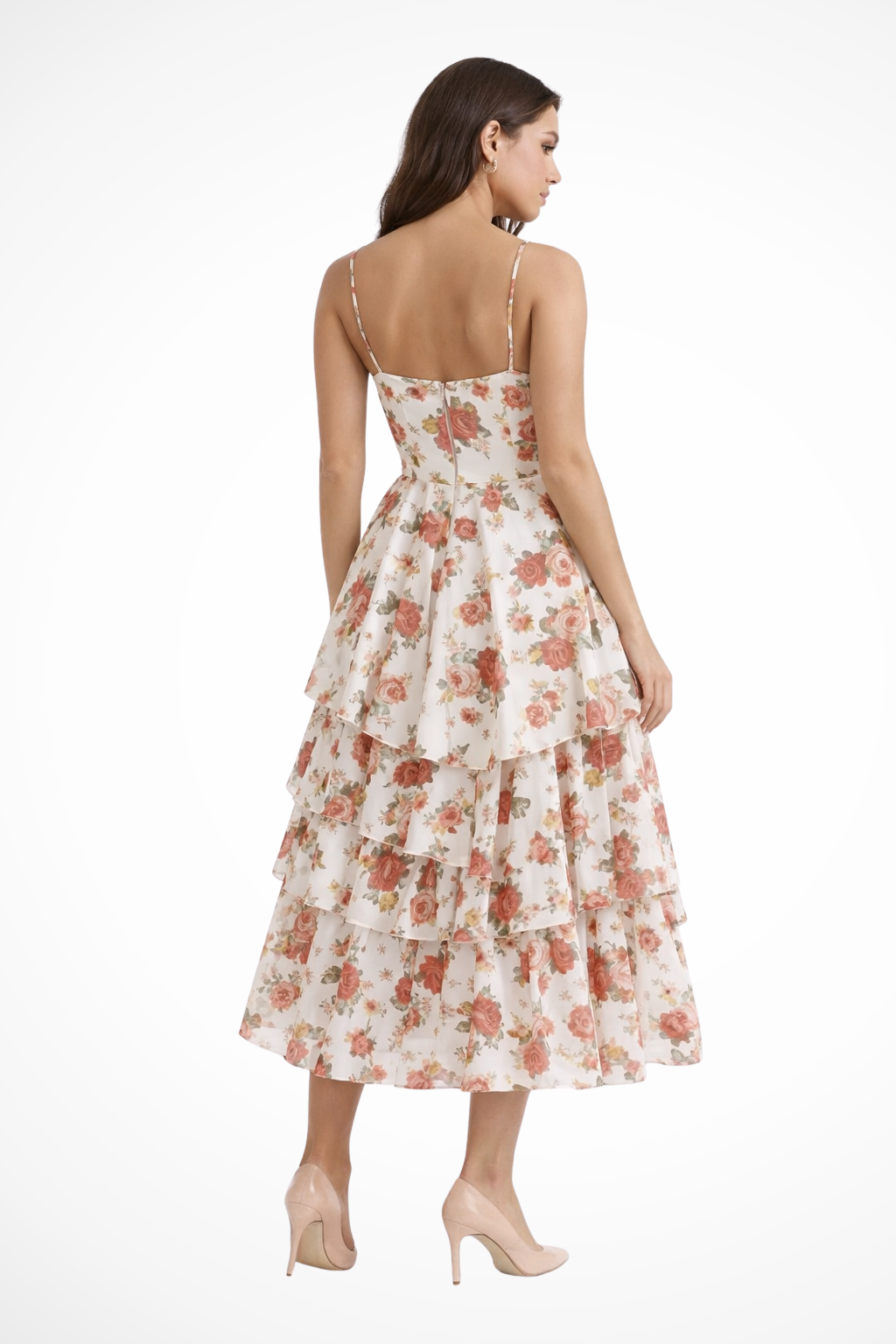 Evangeline | Romantic Floral Corset Tiered Midi Dress