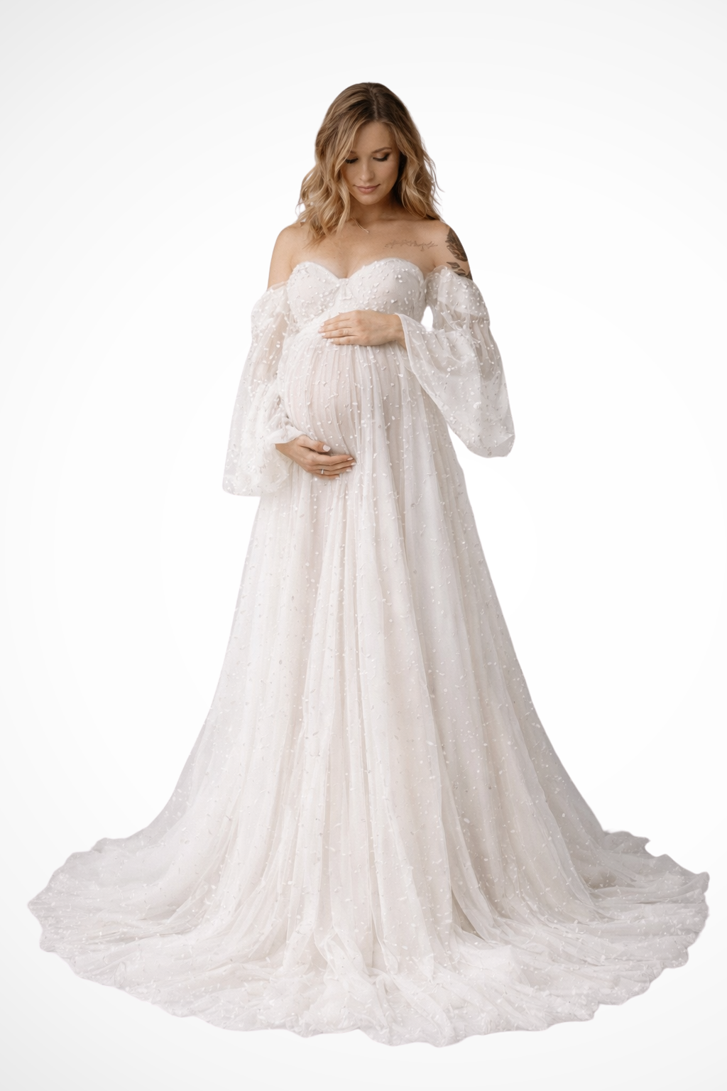 Evangeline | Elegant Off Shoulder Pearl Tulle Maxi Dress