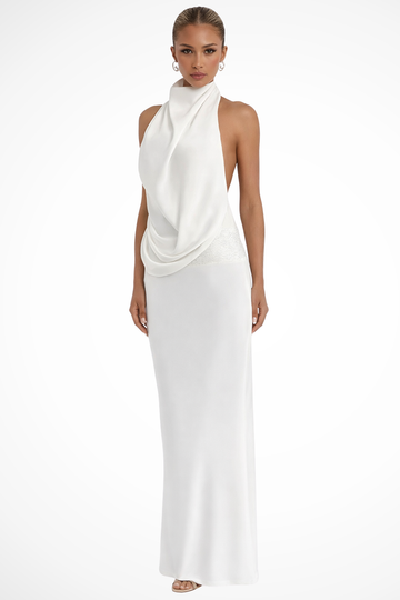 Adrielle | Elegant Draped Halter Satin Maxi Dress