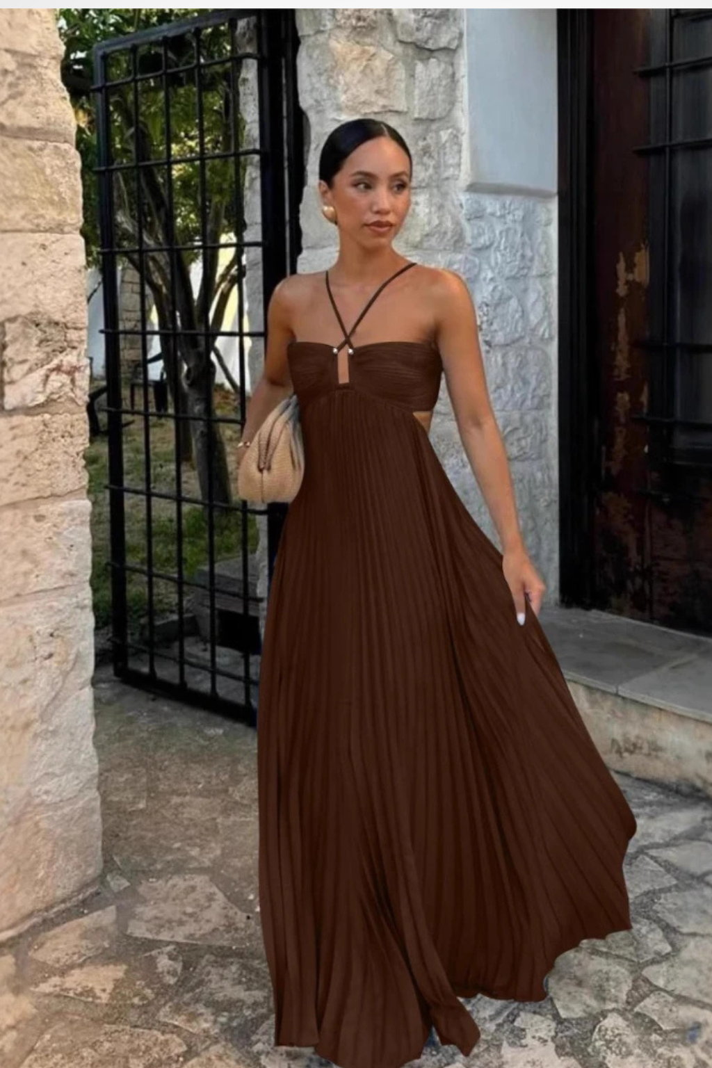 Rowella | Elegant Pleated Halter Backless Maxi Dress