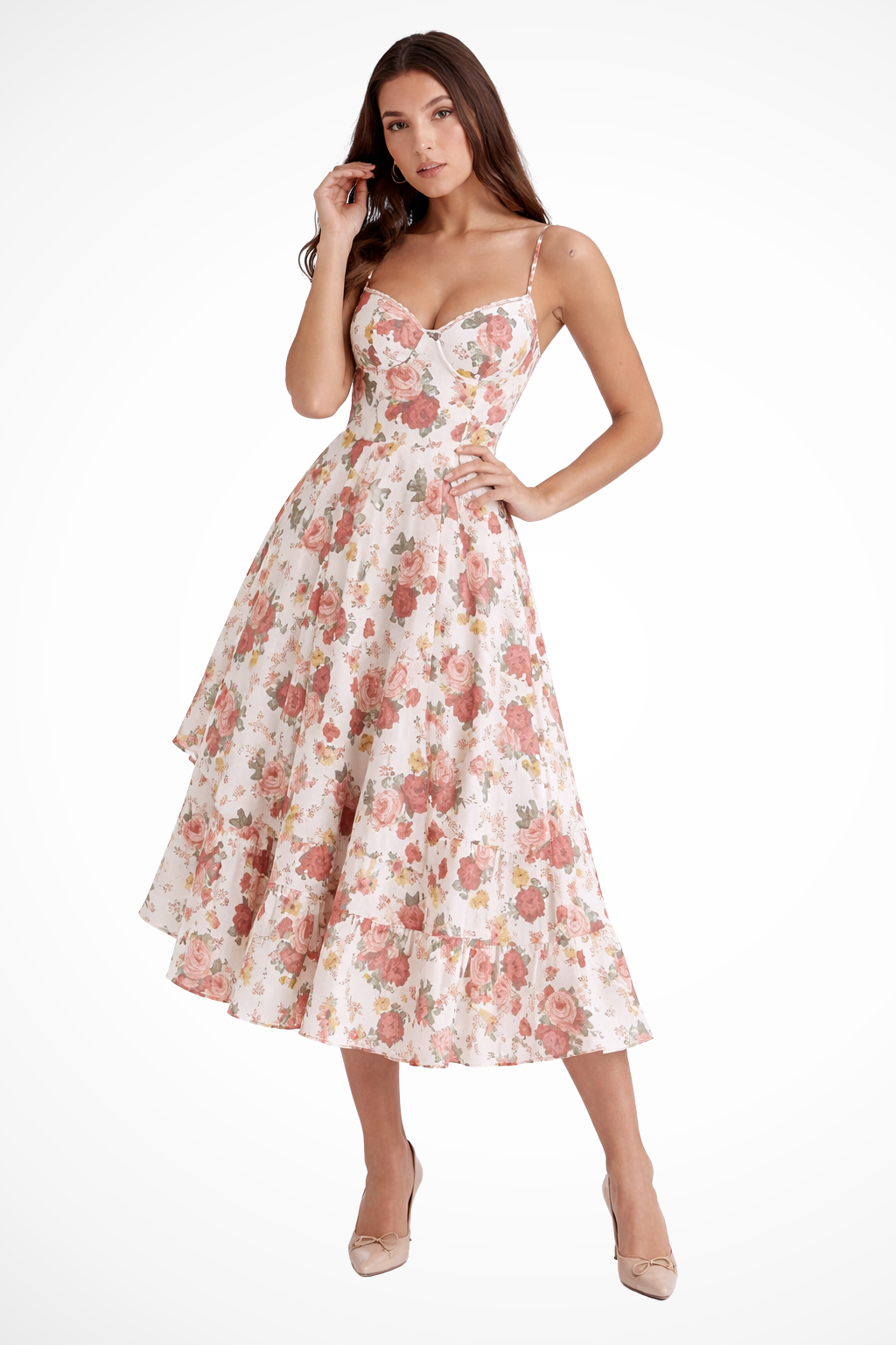 Evangeline | Romantic Floral Corset Tiered Midi Dress
