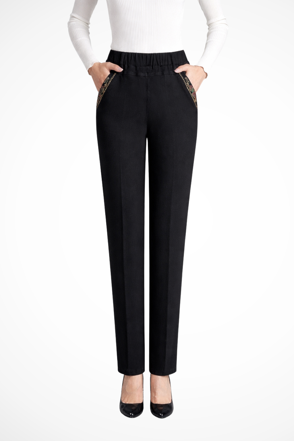 Evangeline | Elegant Straight Leg Embroidered Denim Trousers