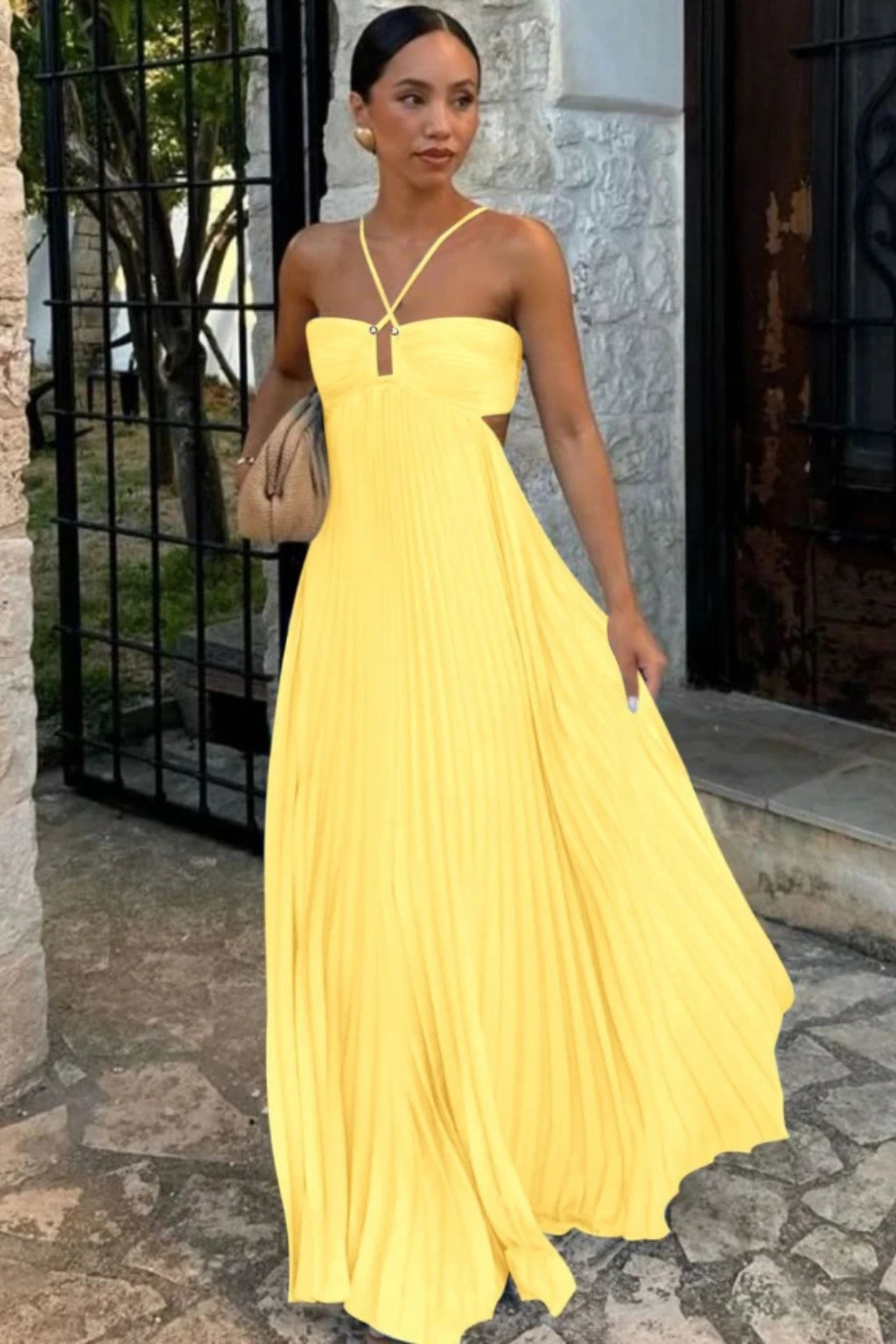 Rowella | Elegant Pleated Halter Backless Maxi Dress