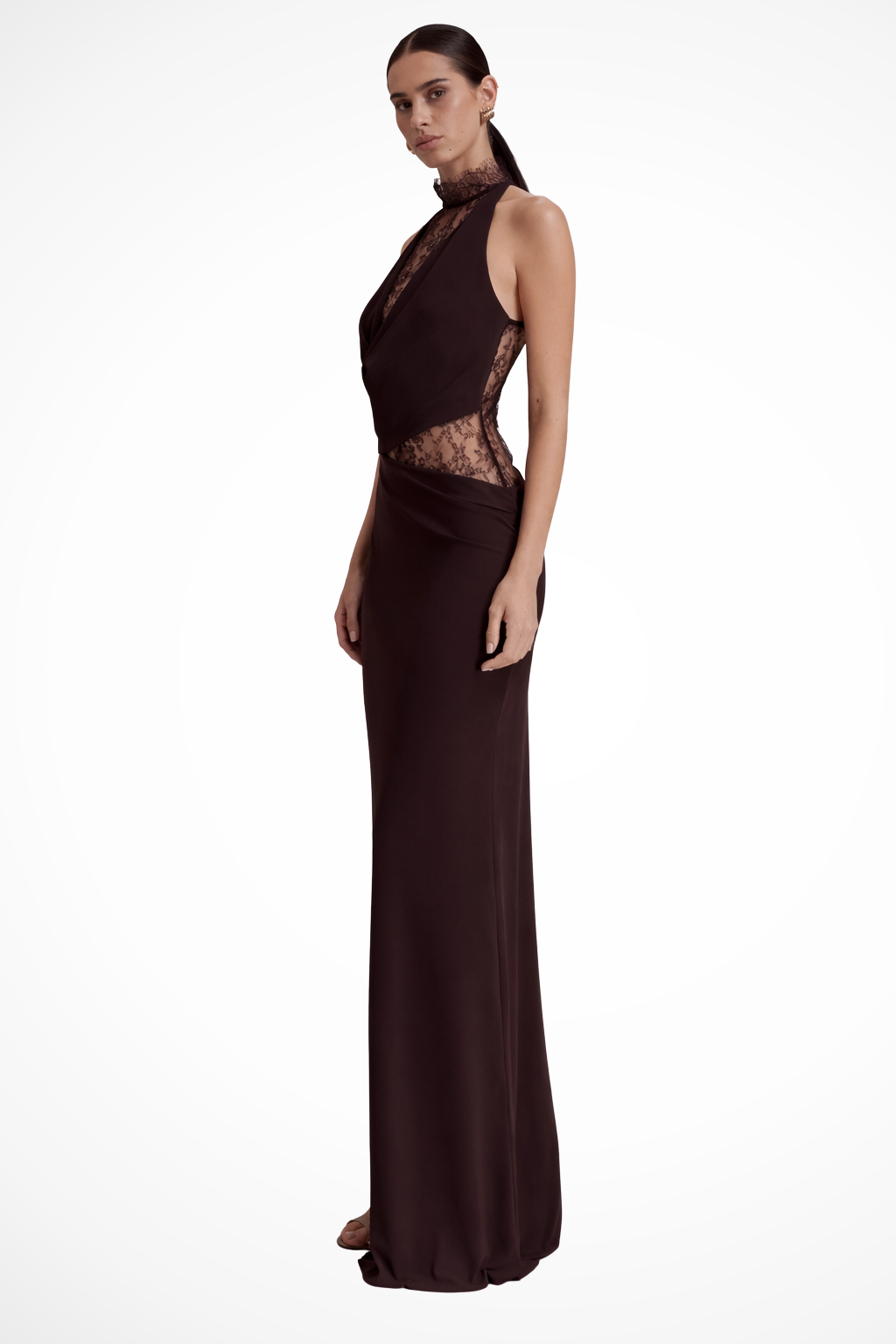 Rowella | Elegant Halter Lace Panel Floor Length Wedding Guest Dress