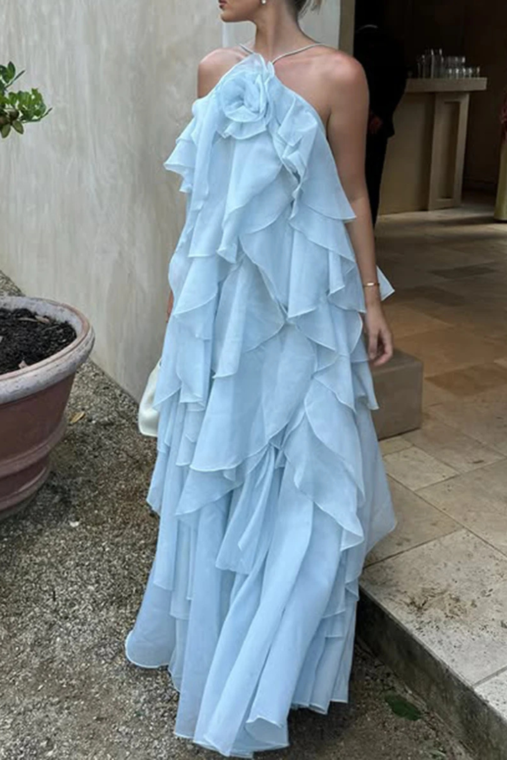 Luneth | Elegant Tiered Ruffle Halter Maxi Dress