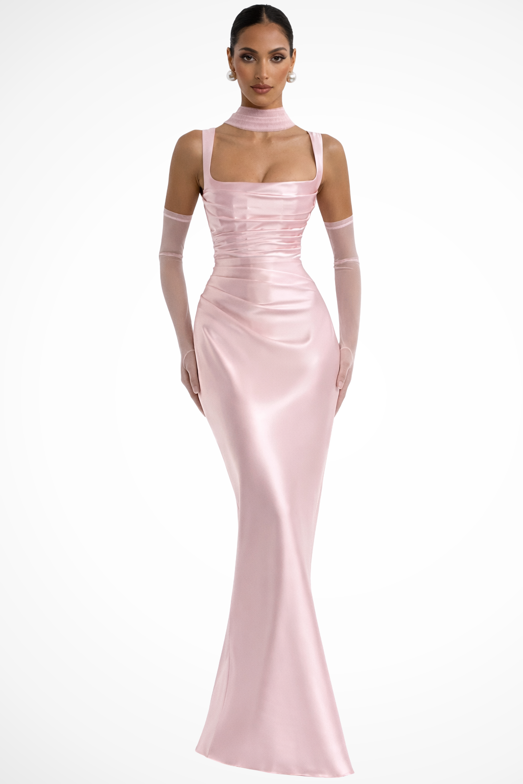 Ophelia | Elegant Square Neck Ruched Satin Maxi Dress