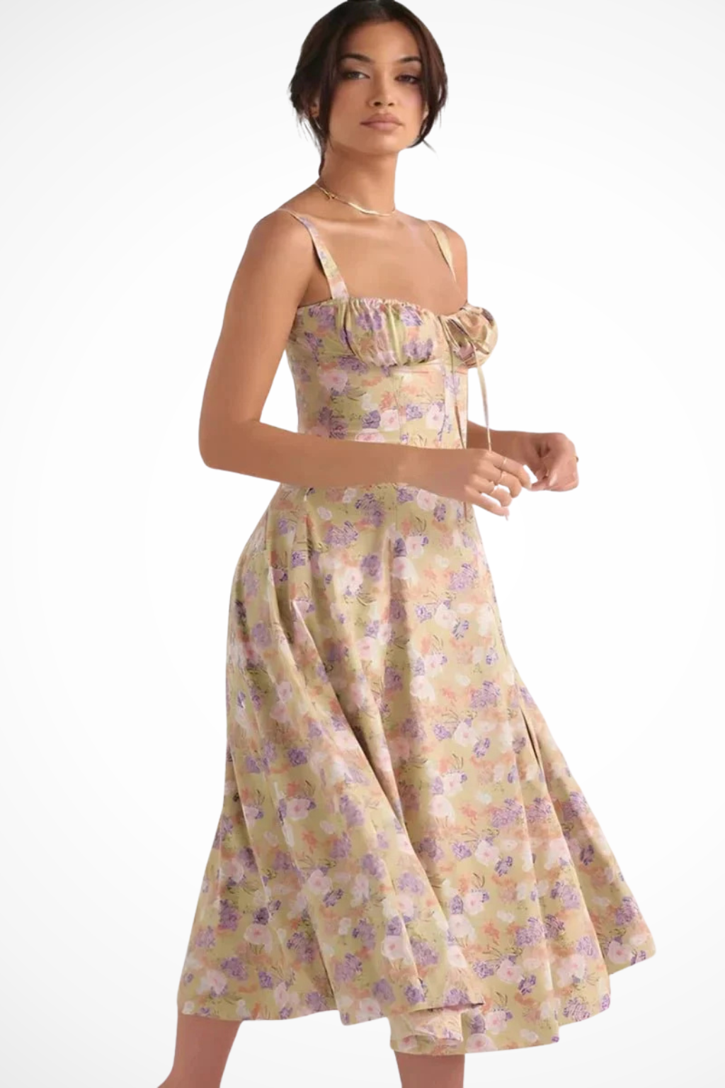 Aurelia | Floral Square Neck Corset Bow Detail Midi Dress