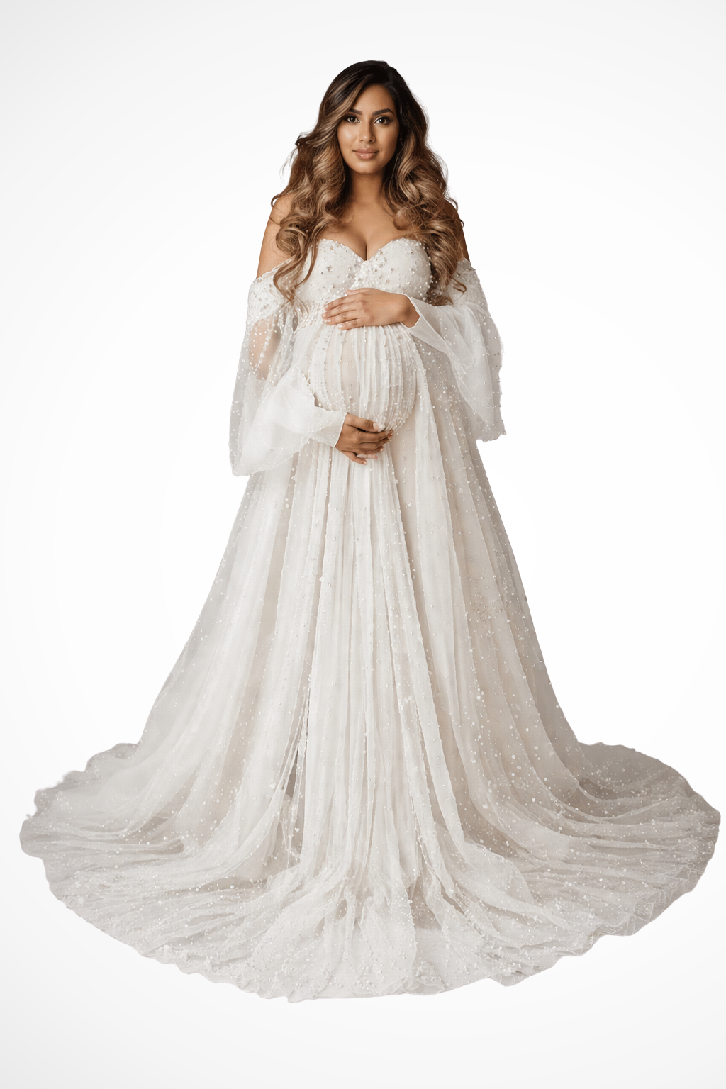 Evangeline | Elegant Off Shoulder Pearl Tulle Maxi Dress