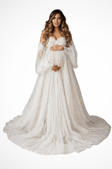 Evangeline | Elegant Off Shoulder Pearl Tulle Maxi Dress
