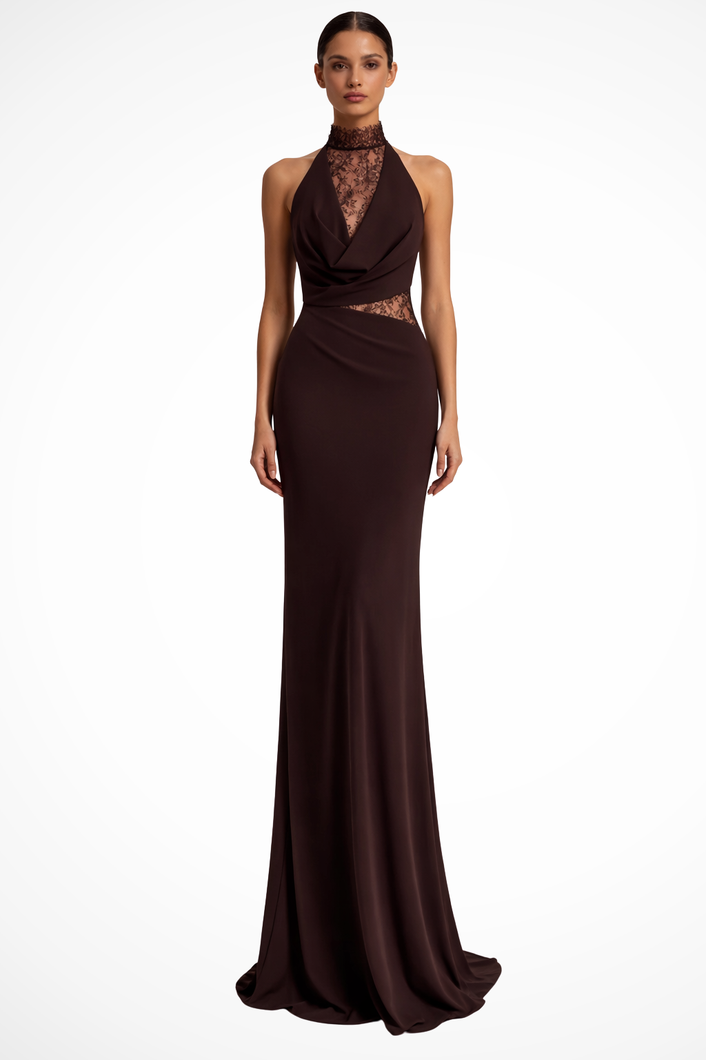 Rowella | Elegant Halter Lace Panel Floor Length Wedding Guest Dress