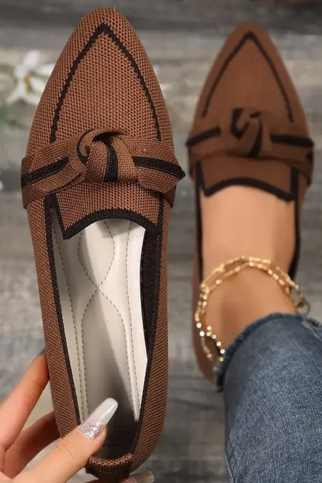 Evangeline | Elegant Pointed Toe Knit Bow Ballet Flats