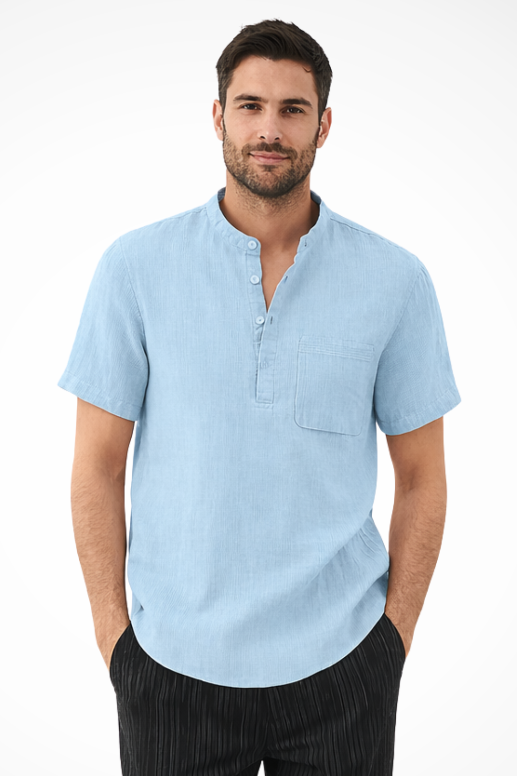 Samuel | Men's Essential Linen Band Collar Henley Shirt