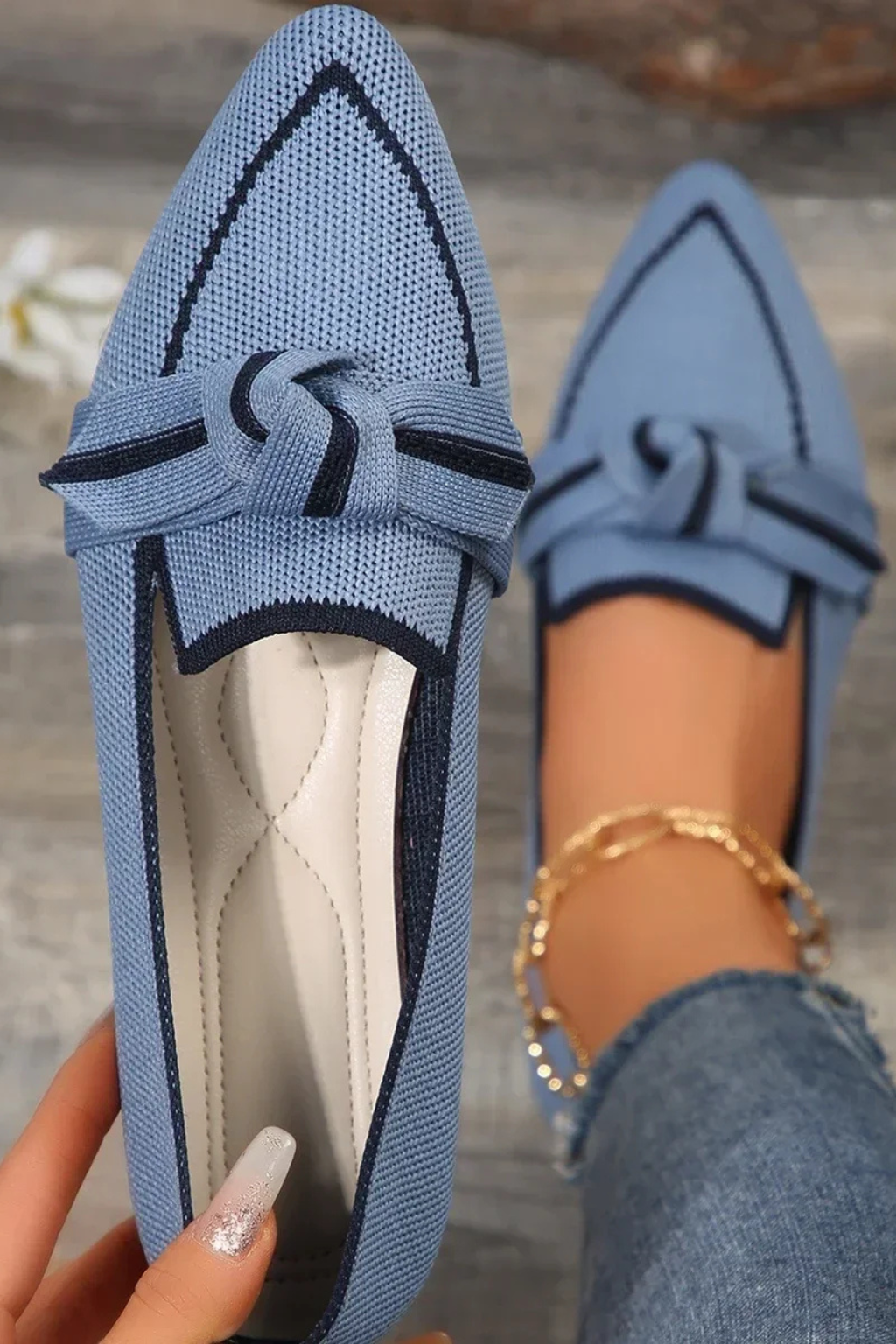 Evangeline | Elegant Pointed Toe Knit Bow Ballet Flats