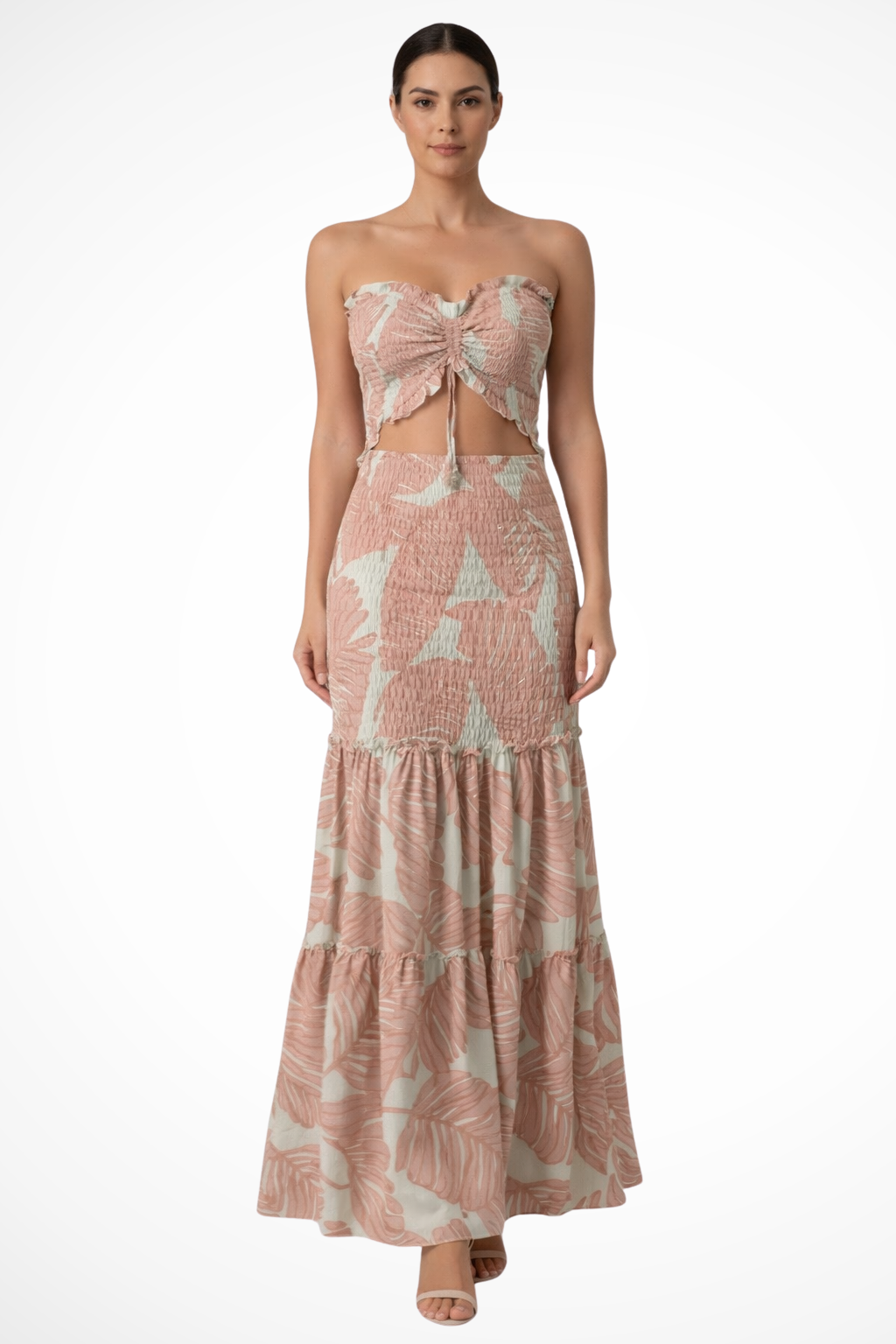 Seraphina | Tropical Print Strapless Ruched Cut-Out Maxi Dress