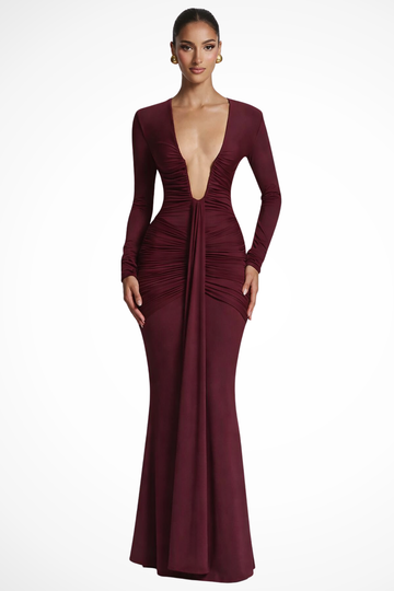 Valentina | Elegant Ruched Deep V Maxi Dress