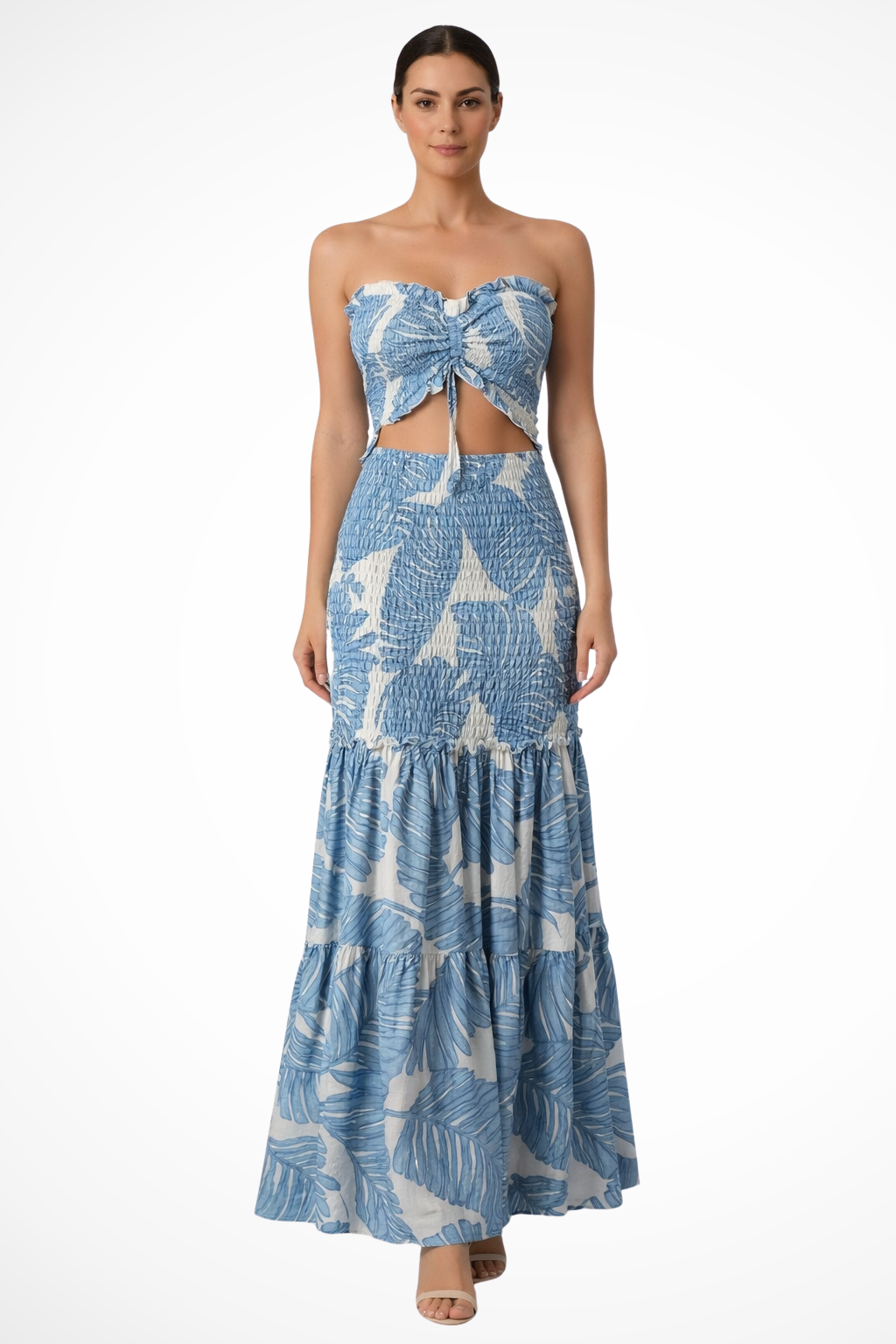 Seraphina | Tropical Print Strapless Ruched Cut-Out Maxi Dress