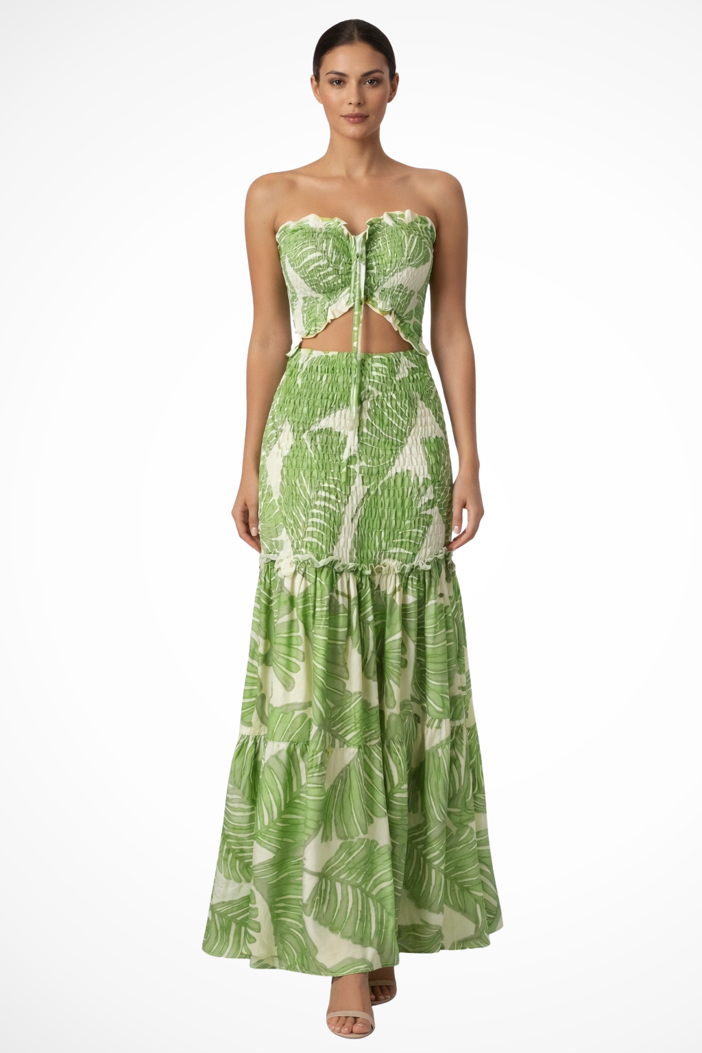 Seraphina | Tropical Print Strapless Ruched Cut-Out Maxi Dress
