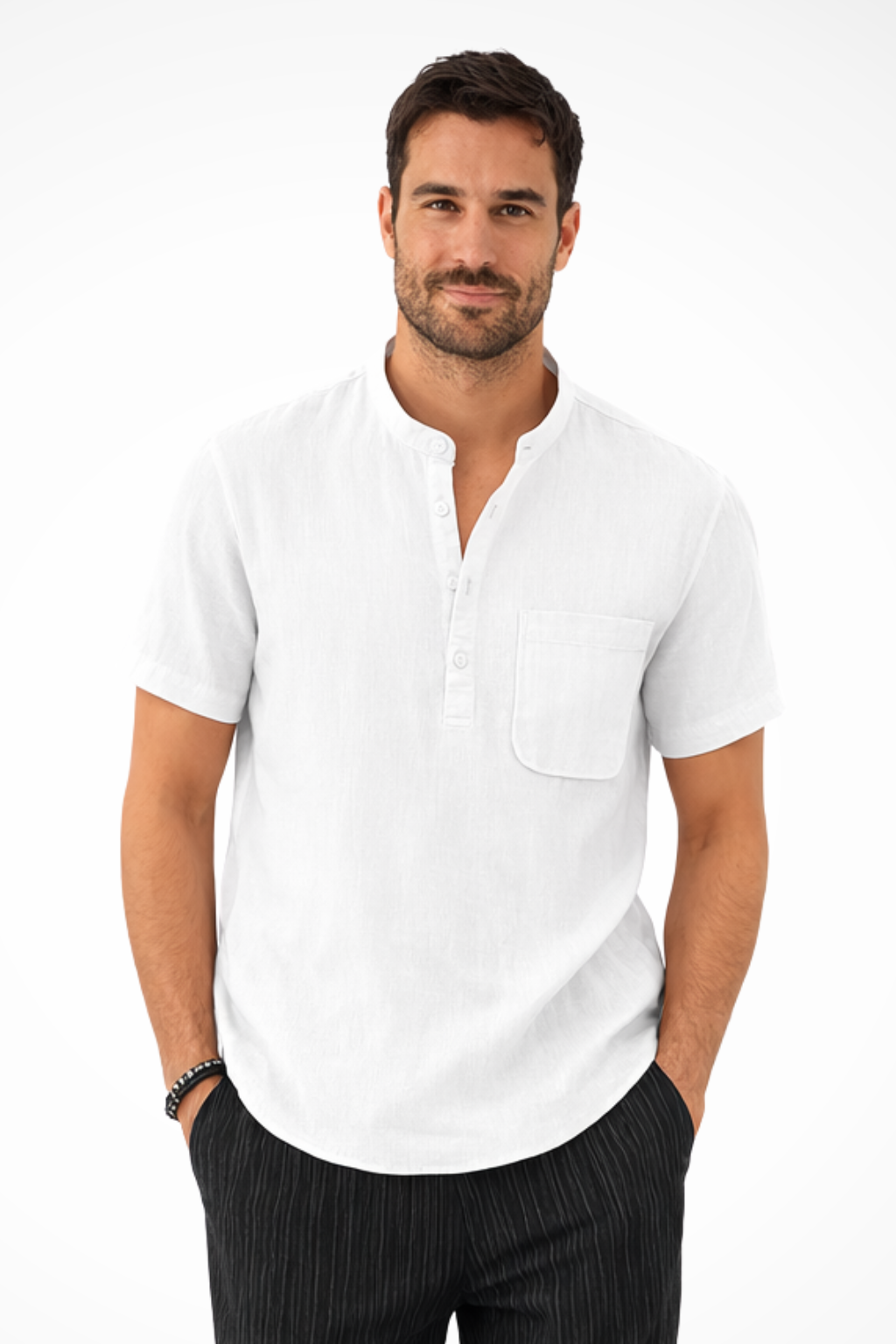 Samuel | Men's Essential Linen Band Collar Henley Shirt